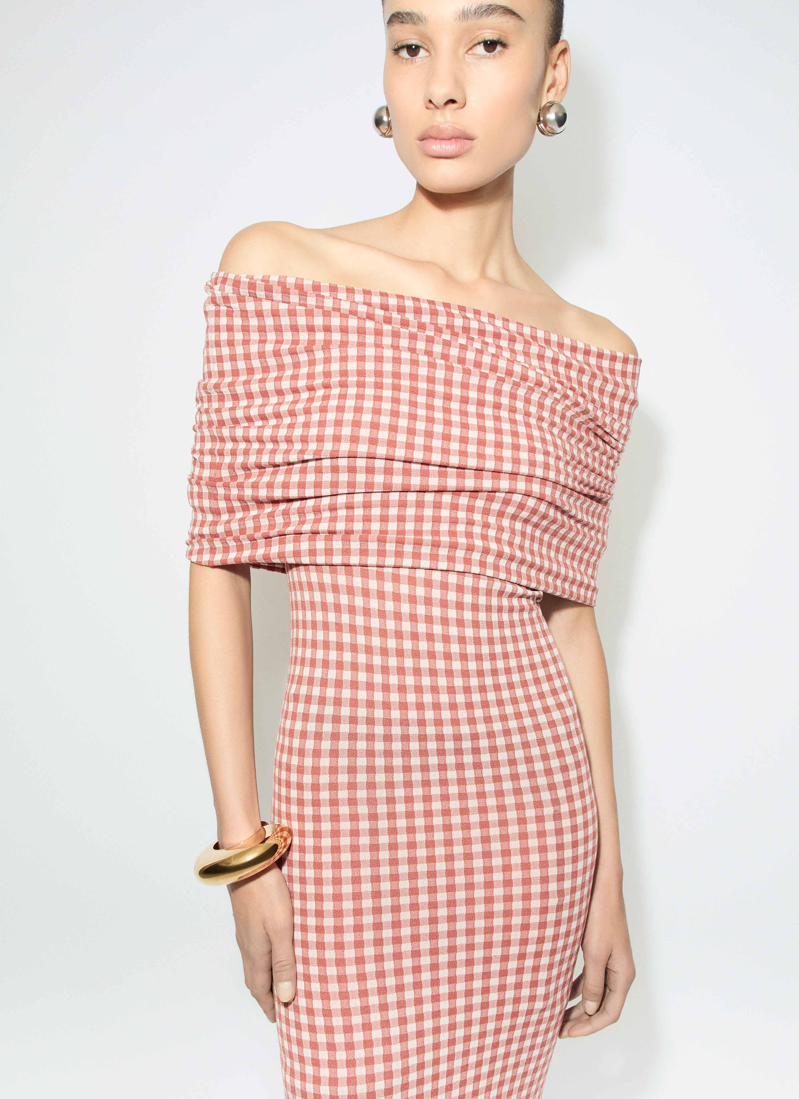 ALAÏA AUBURN GINGHAM KNIT DRESS