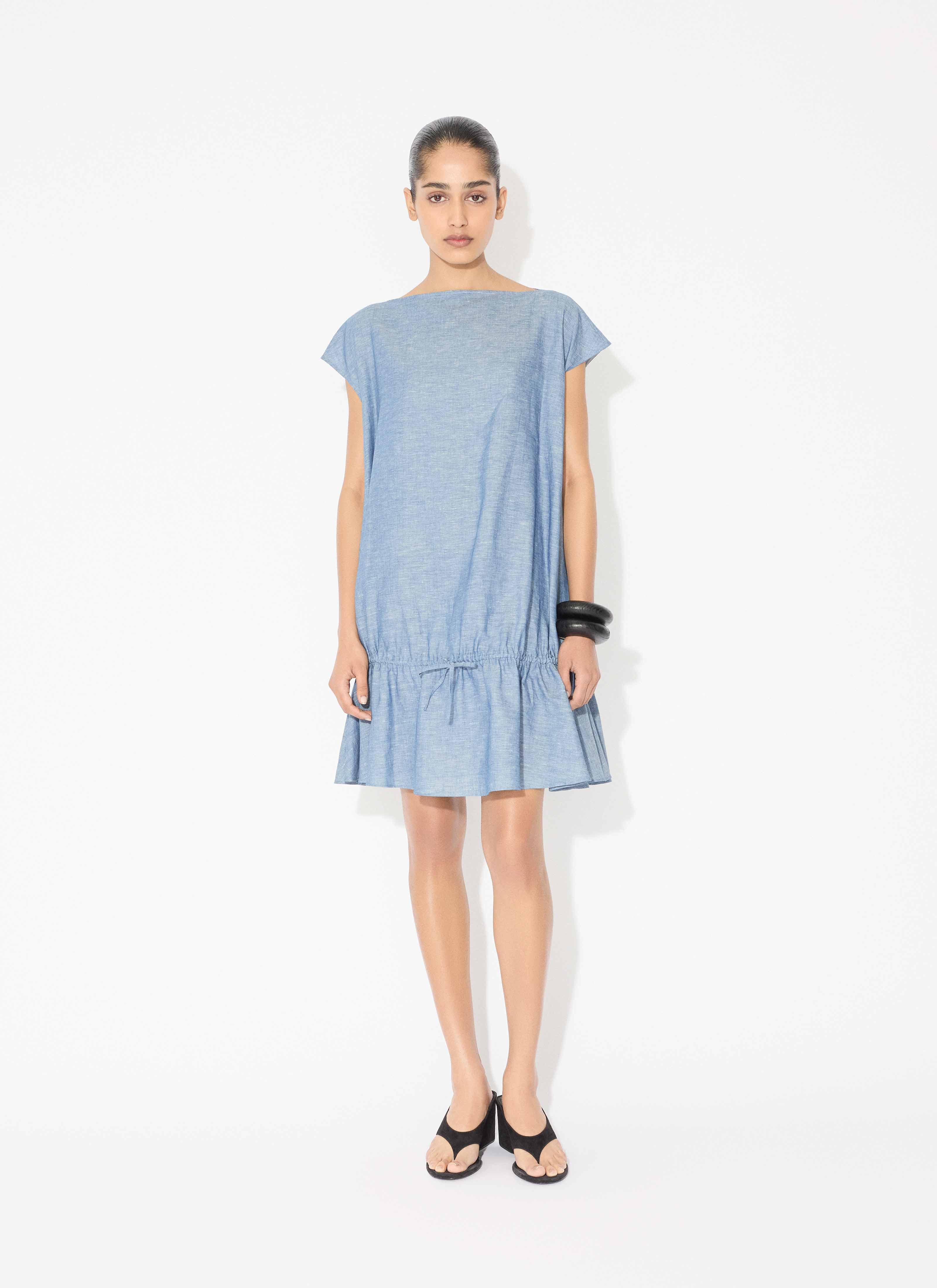 ALAÏA BLUE JEANS CHAMBRAY RUCHED DRESS
