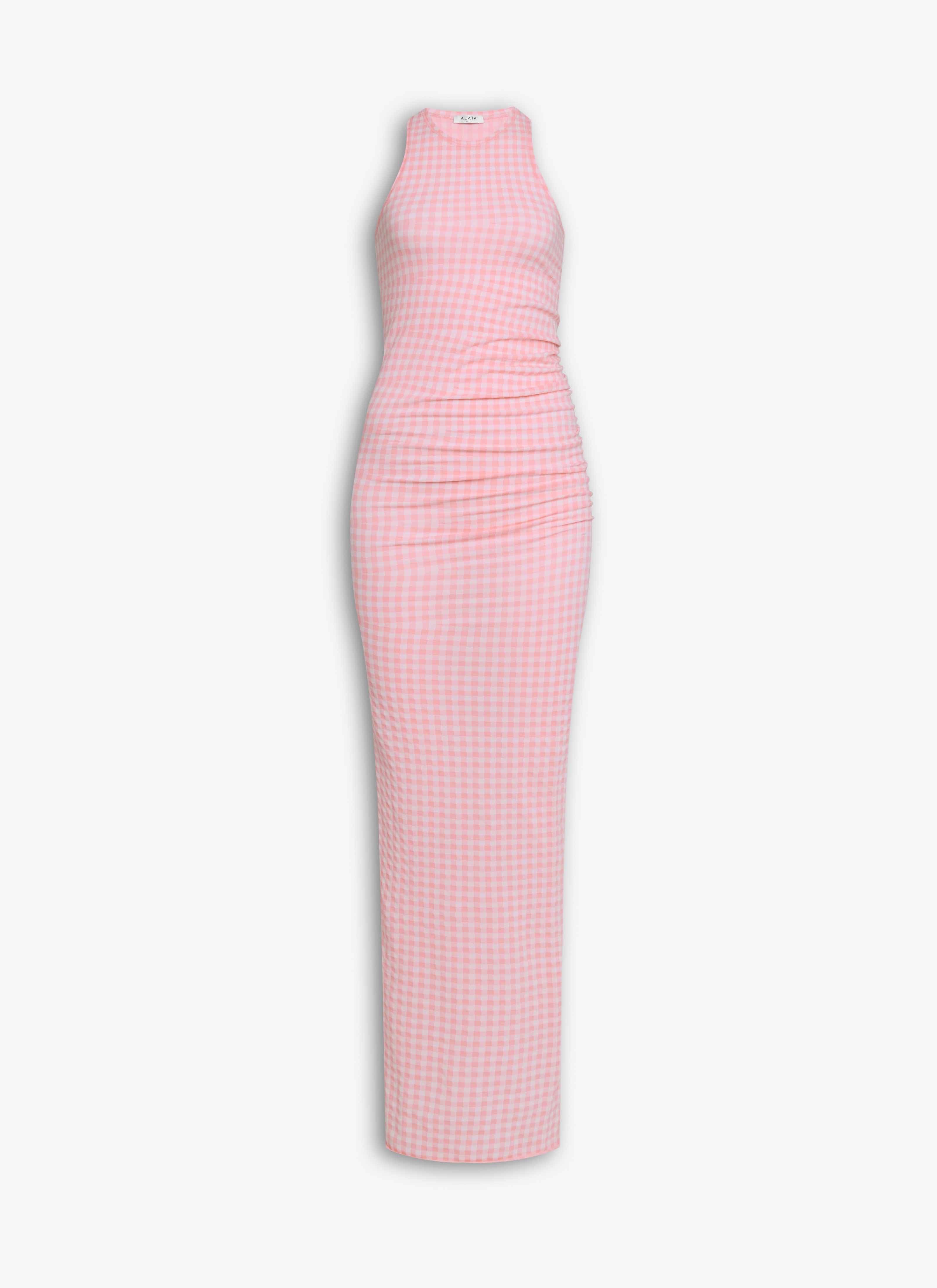 ALAÏA PINK GINGHAM KNIT MAXI DRESS