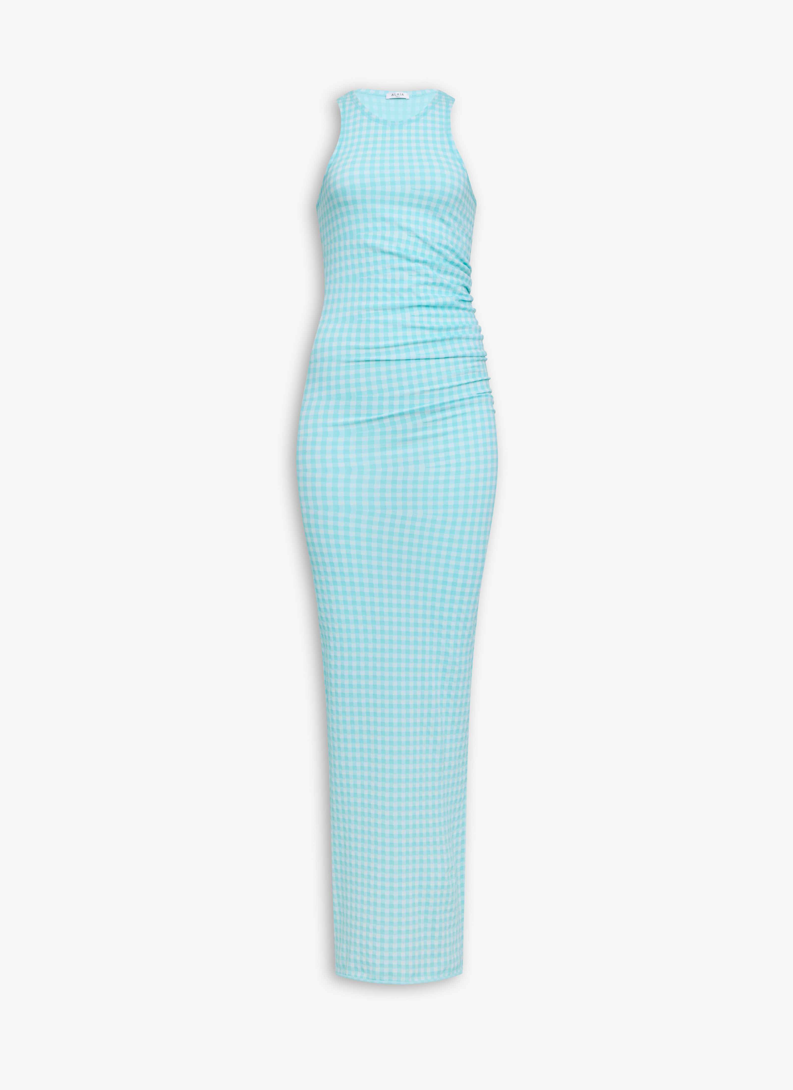 ALAÏA AMAZONITE GINGHAM KNIT MAXI DRESS