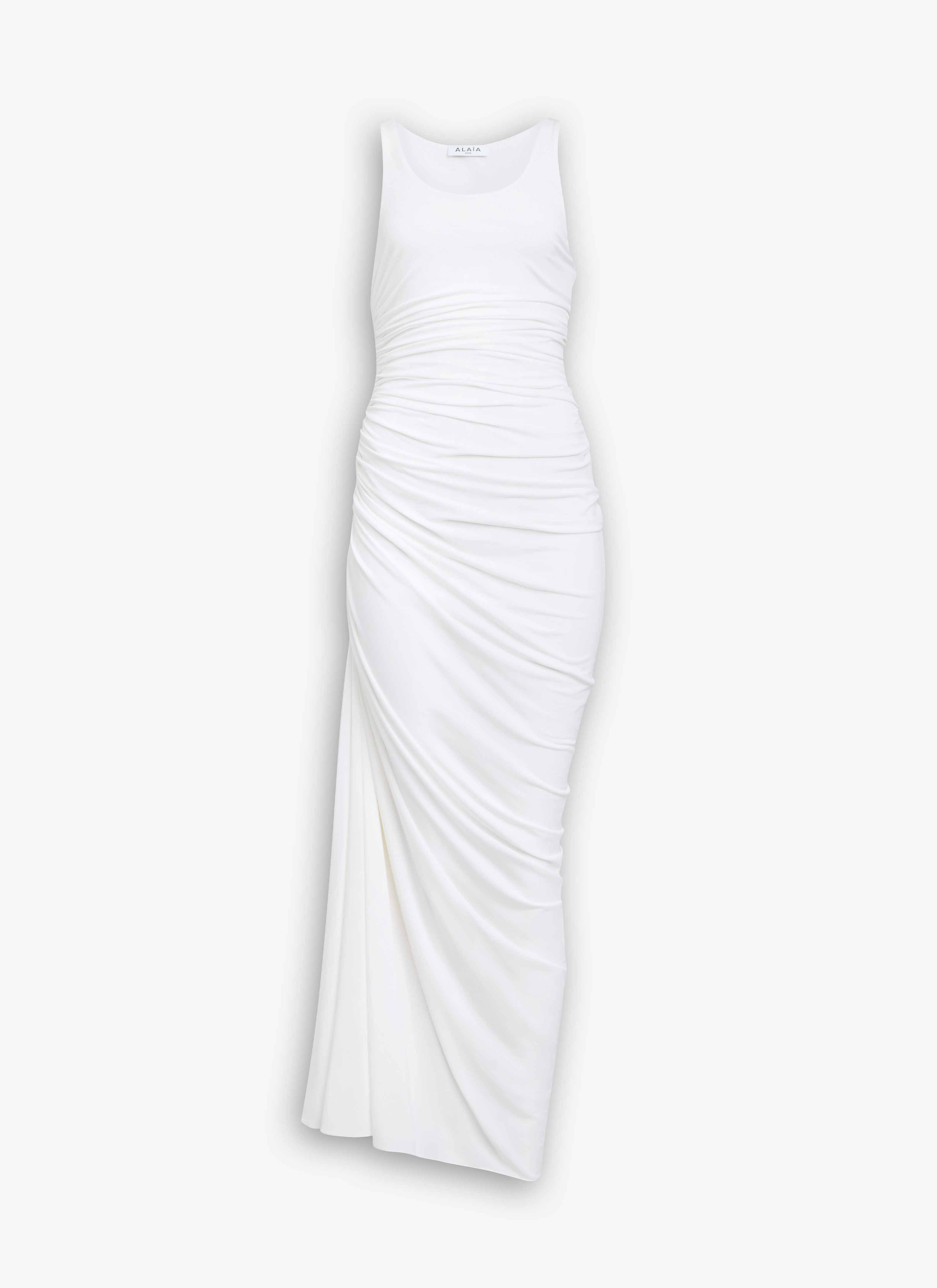 ALAÏA ABITO ASIMMETRICO ARRICCIATO IN MORBIDO JERSEY BIANCO
