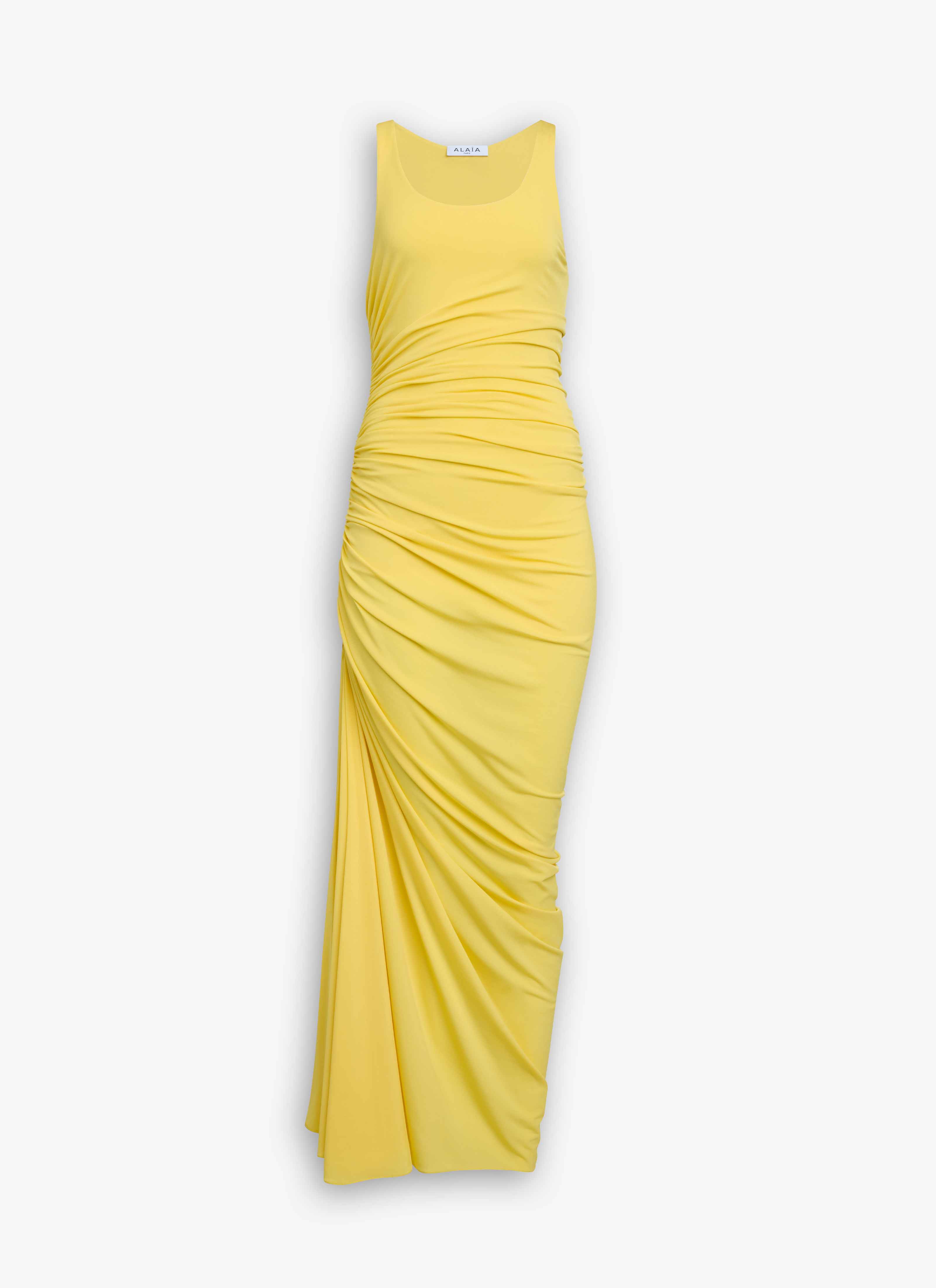 ALAÏA YELLOW SOFT JERSEY ASYMMETRICAL GATHERED DRESS