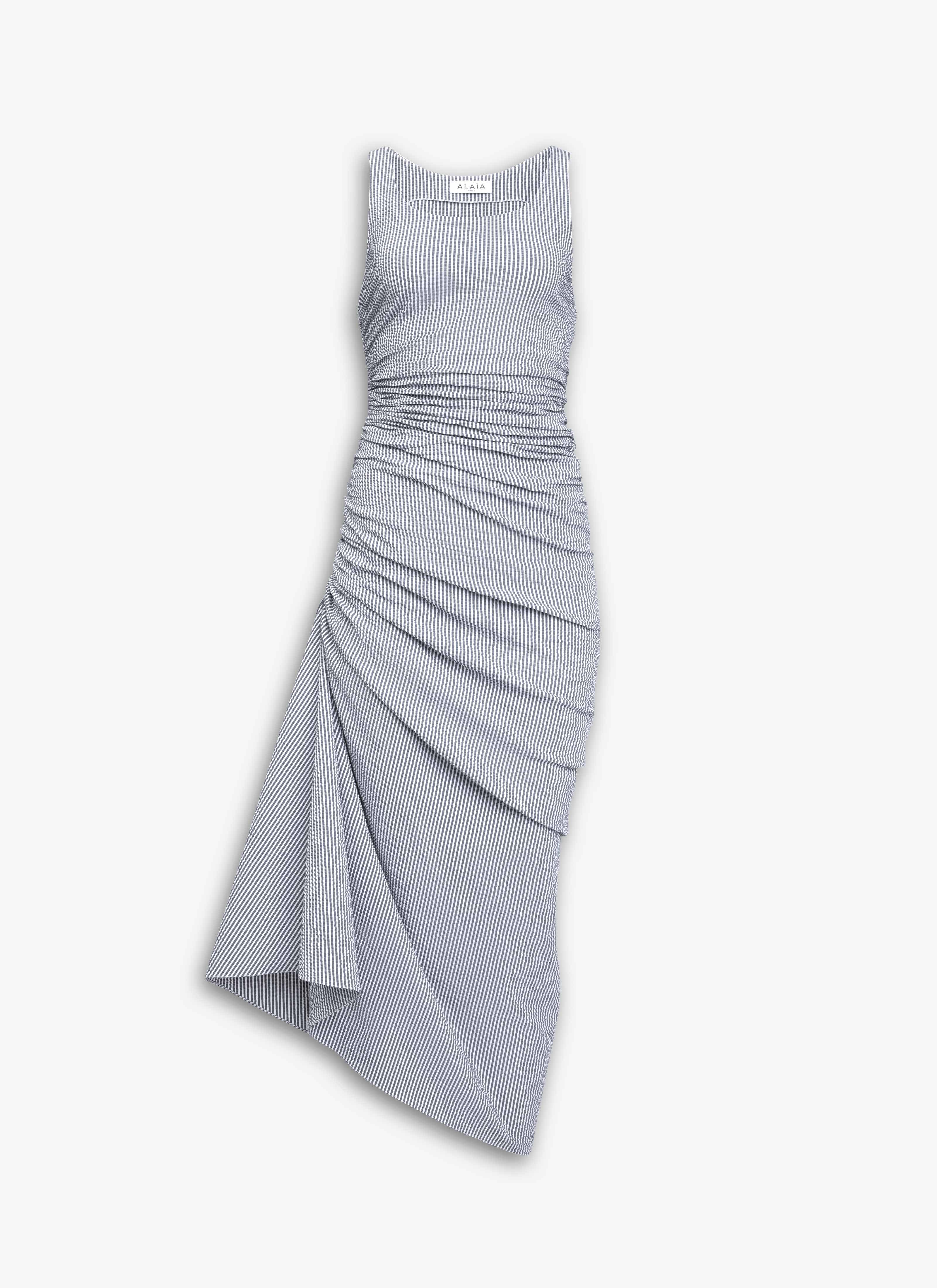 ALAÏA ABITO ARRICCIATO IN SEERSUCKER A RIGHE BIANCO/BLU