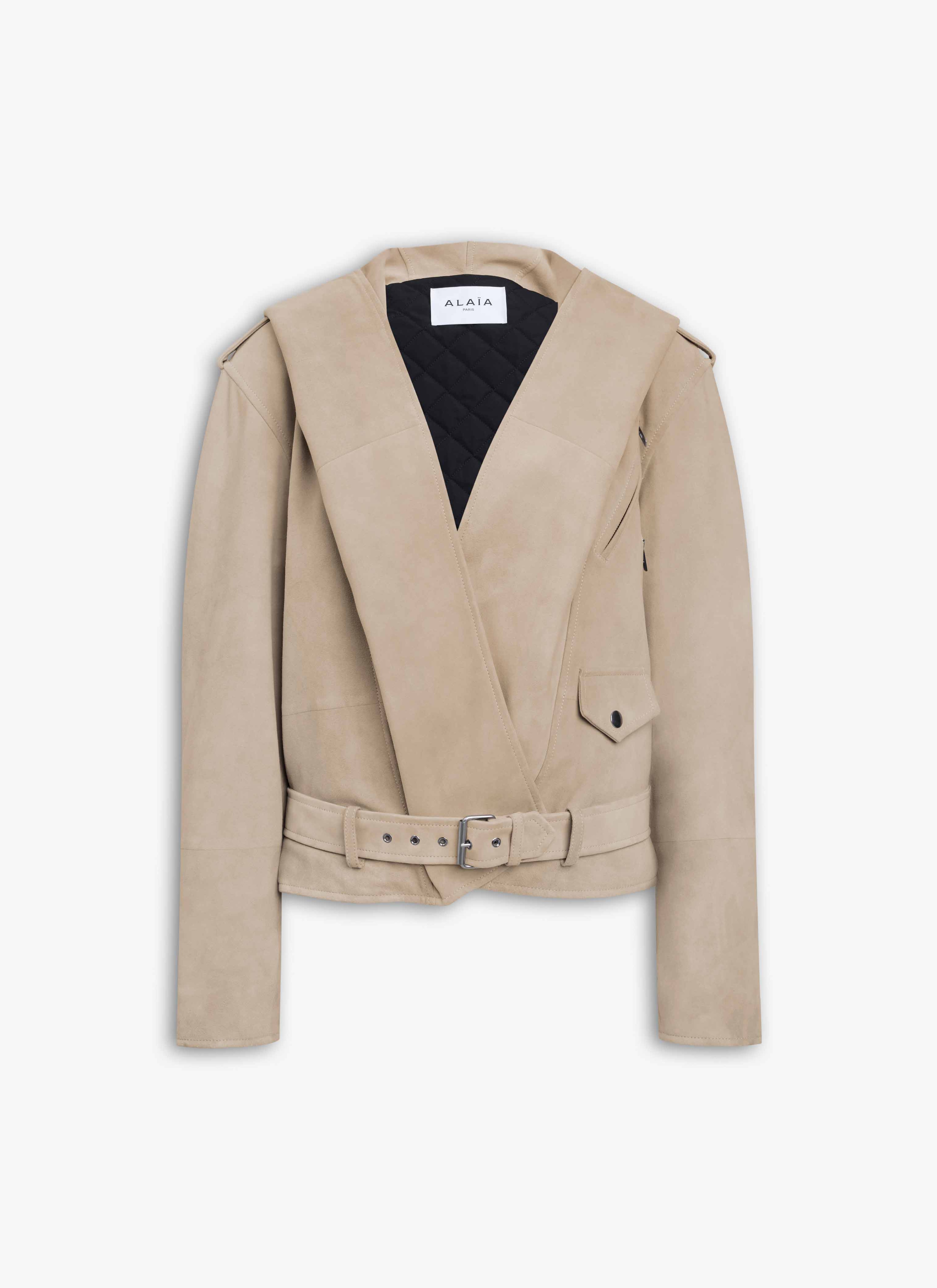 ALAÏA BEIGE SUEDE HOODED BIKER JACKET