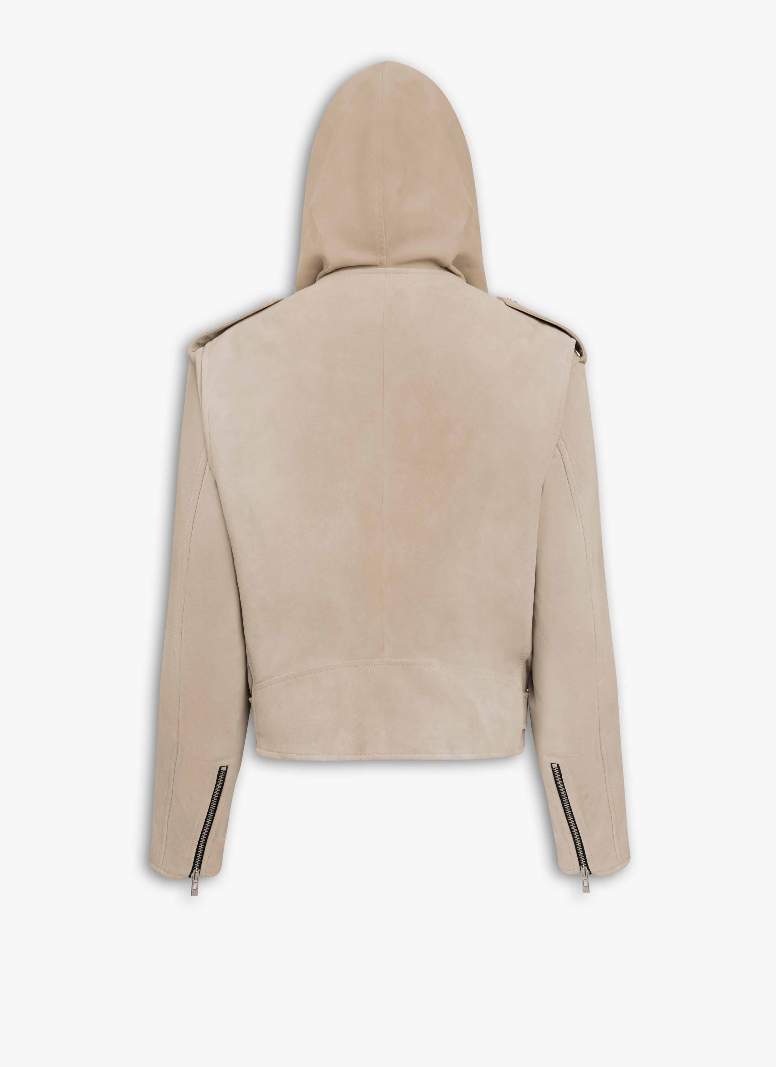 ALAÏA BEIGE SUEDE HOODED BIKER JACKET