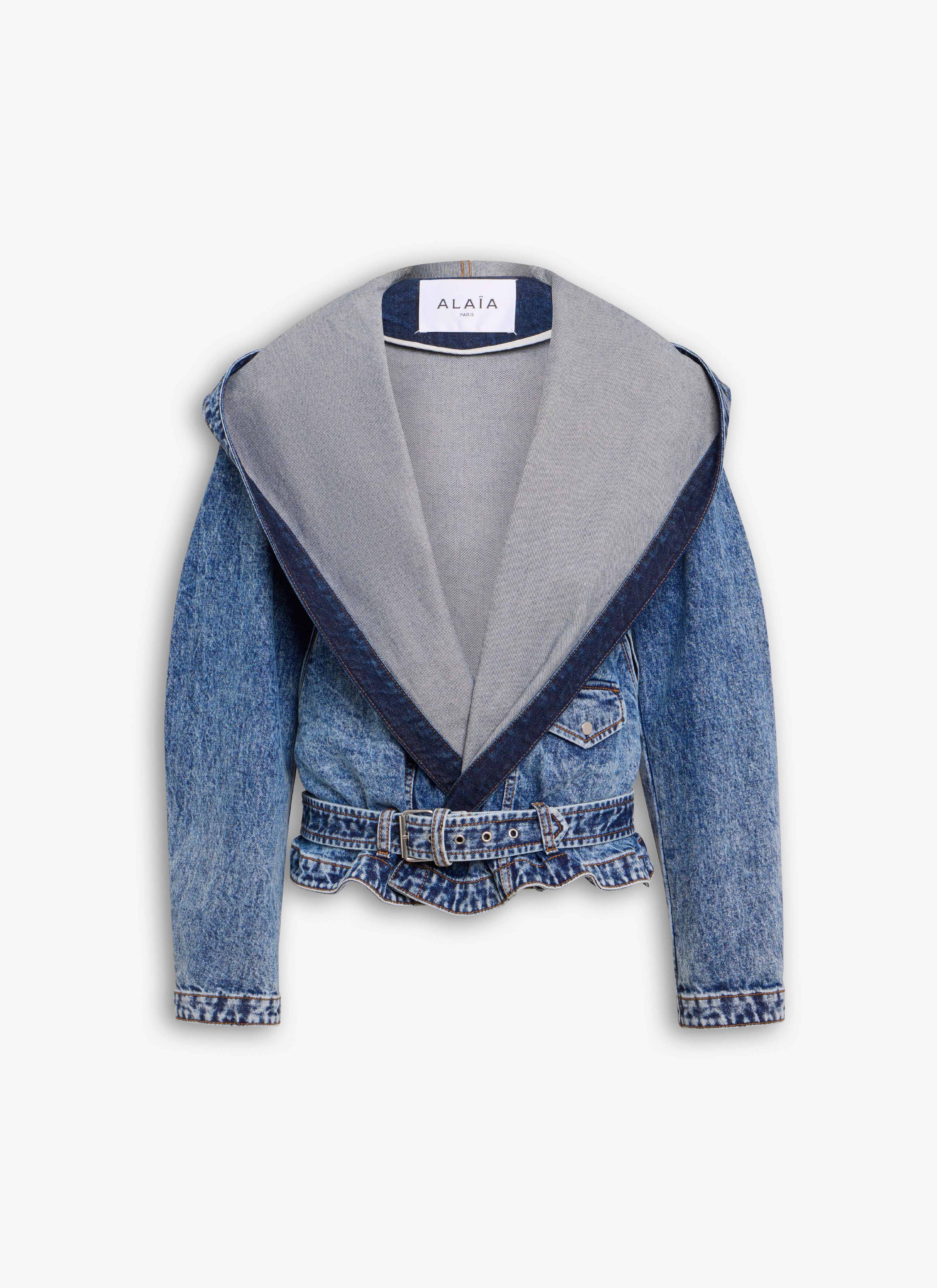 ALAÏA VESTE BIKER À CAPUCHE EN DENIM BLEU CLAIR