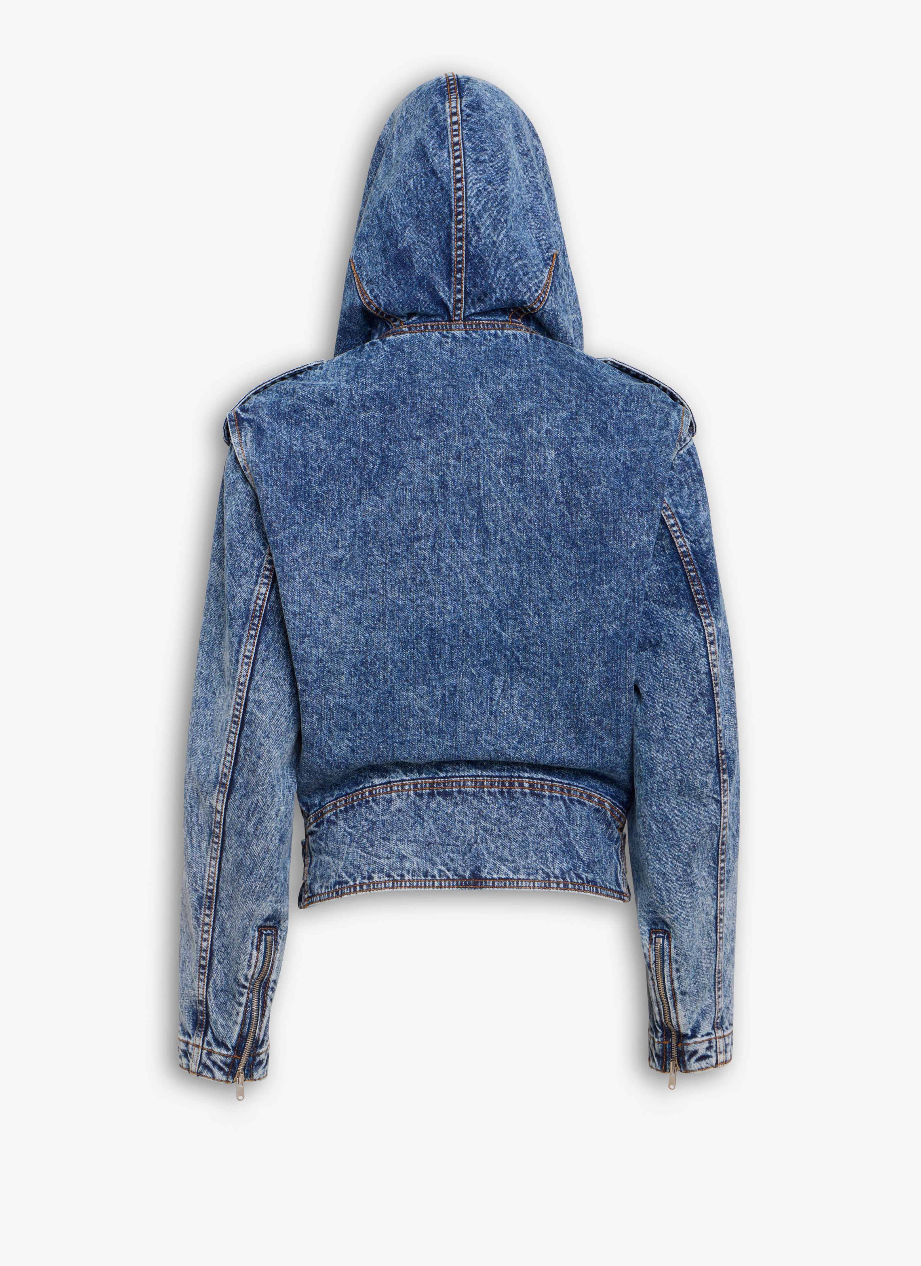 ALAÏA LIGHT BLUE DENIM HOODED BIKER JACKET