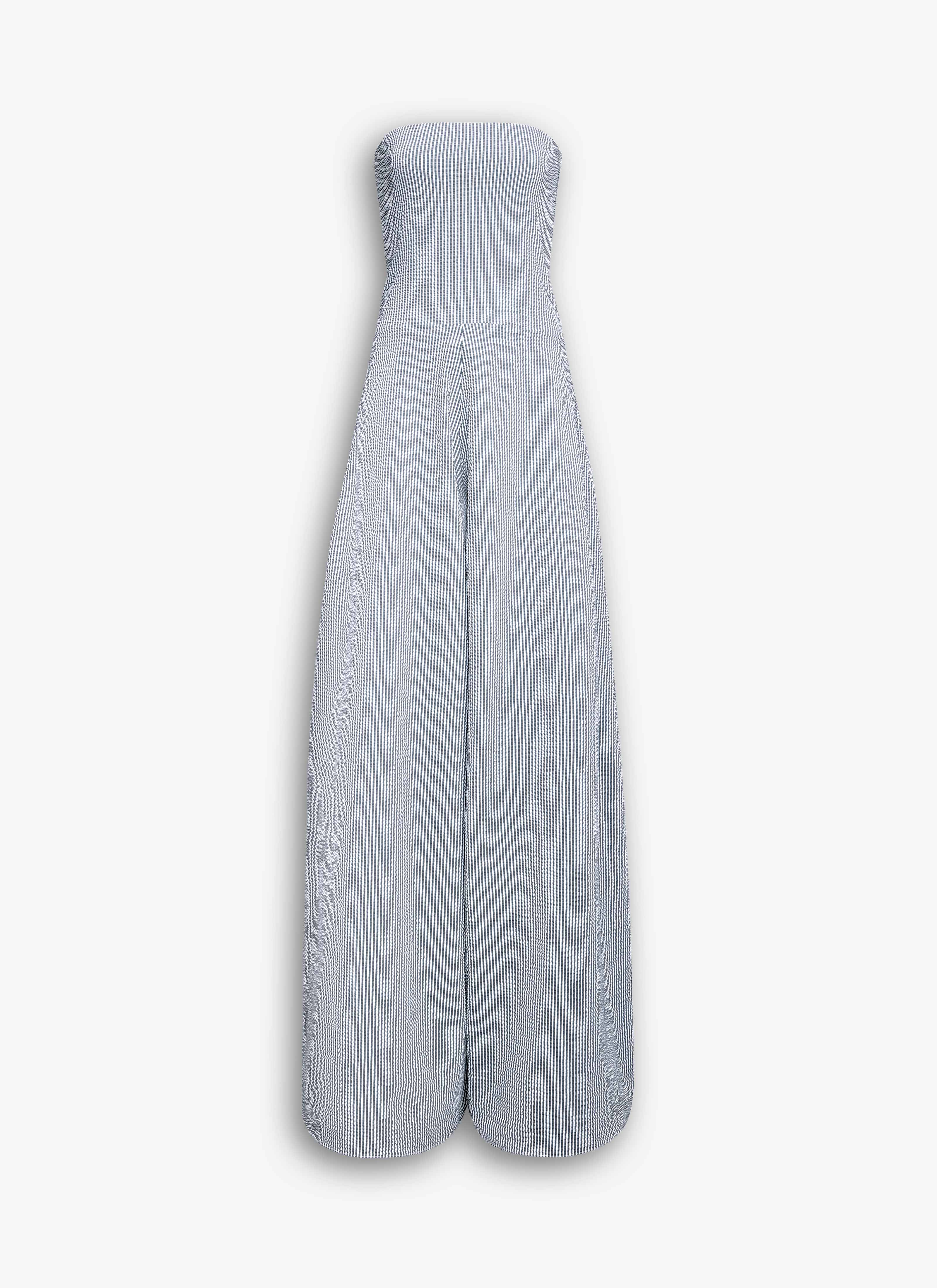 ALAÏA ホワイト/ブルー ストライプ シアサッカーコットン ビスチェジャンプスーツ