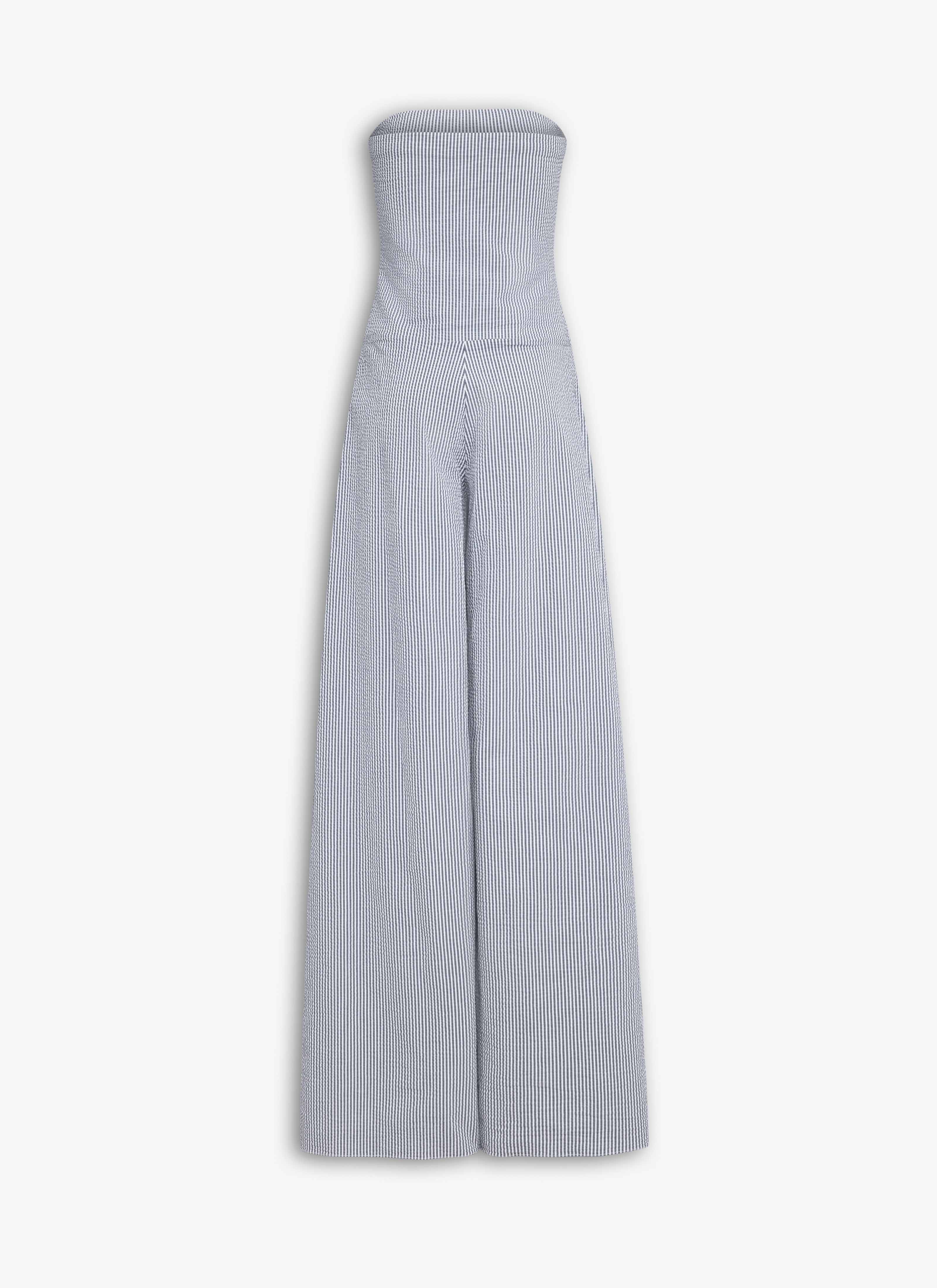 ALAÏA ホワイト/ブルー ストライプ シアサッカーコットン ビスチェジャンプスーツ