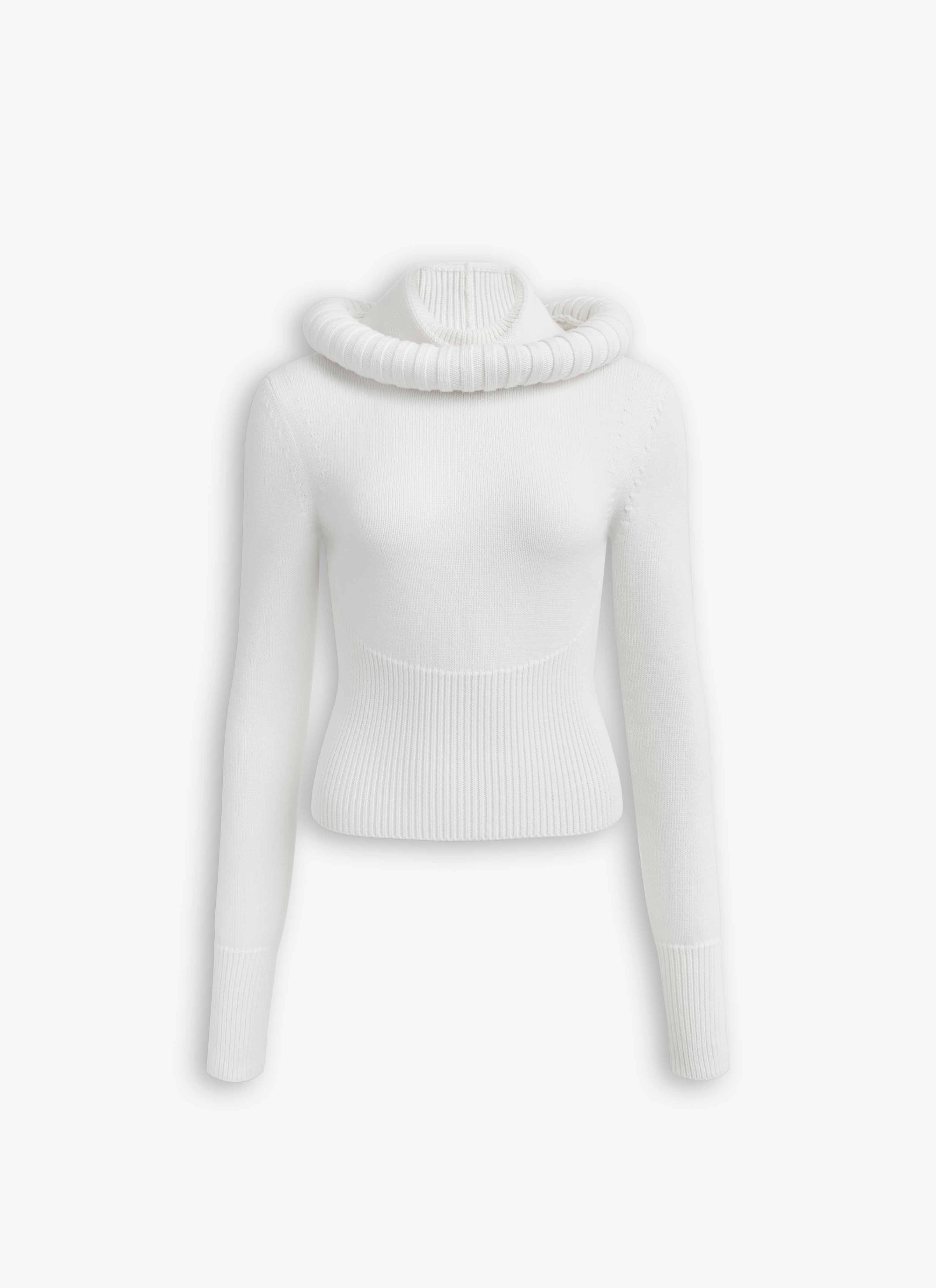 ALAÏA WHITE SCULPTURAL HOOD RIBBED KNIT JUMPER
