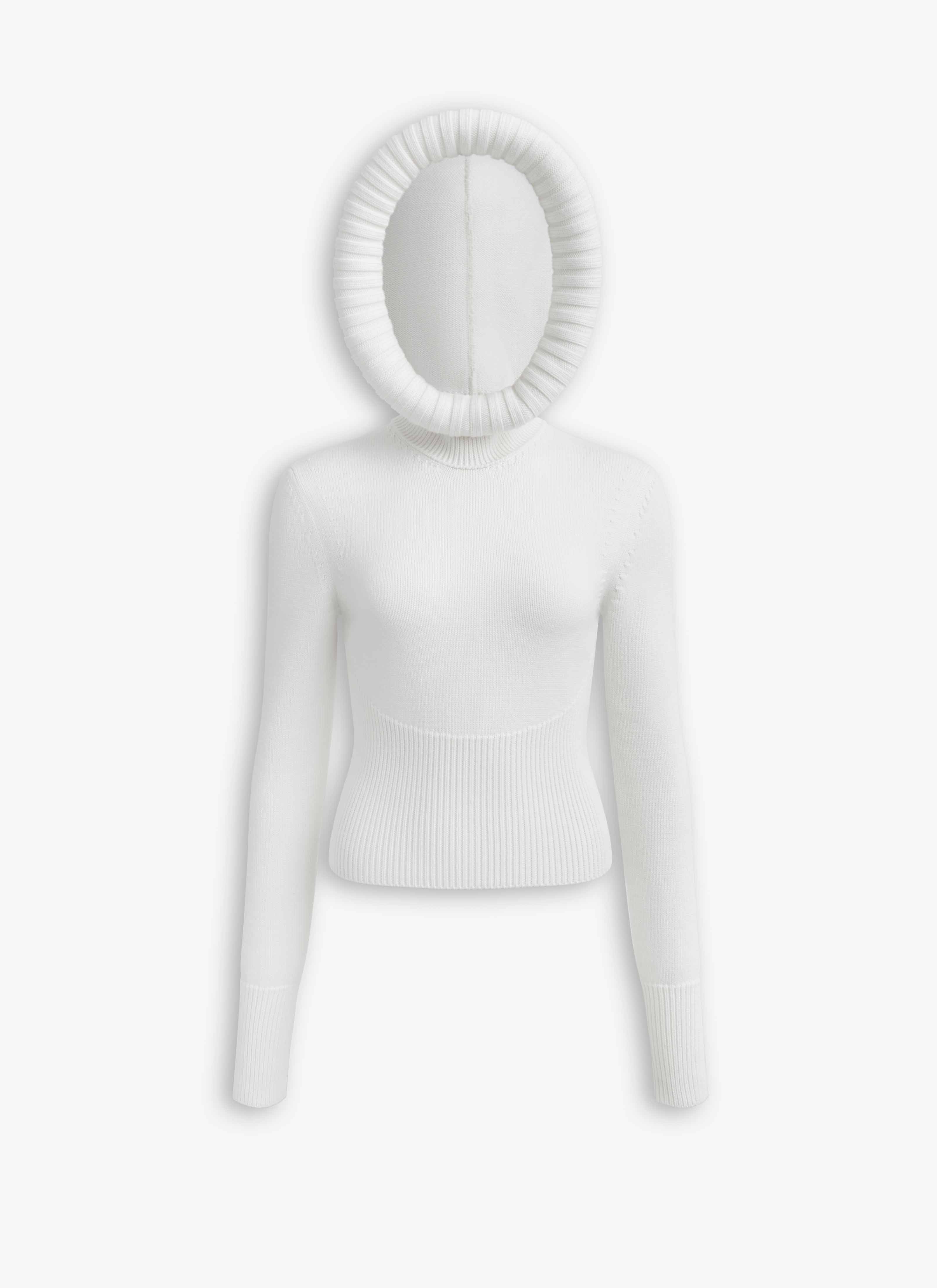 ALAÏA WHITE SCULPTURAL HOOD RIBBED KNIT JUMPER