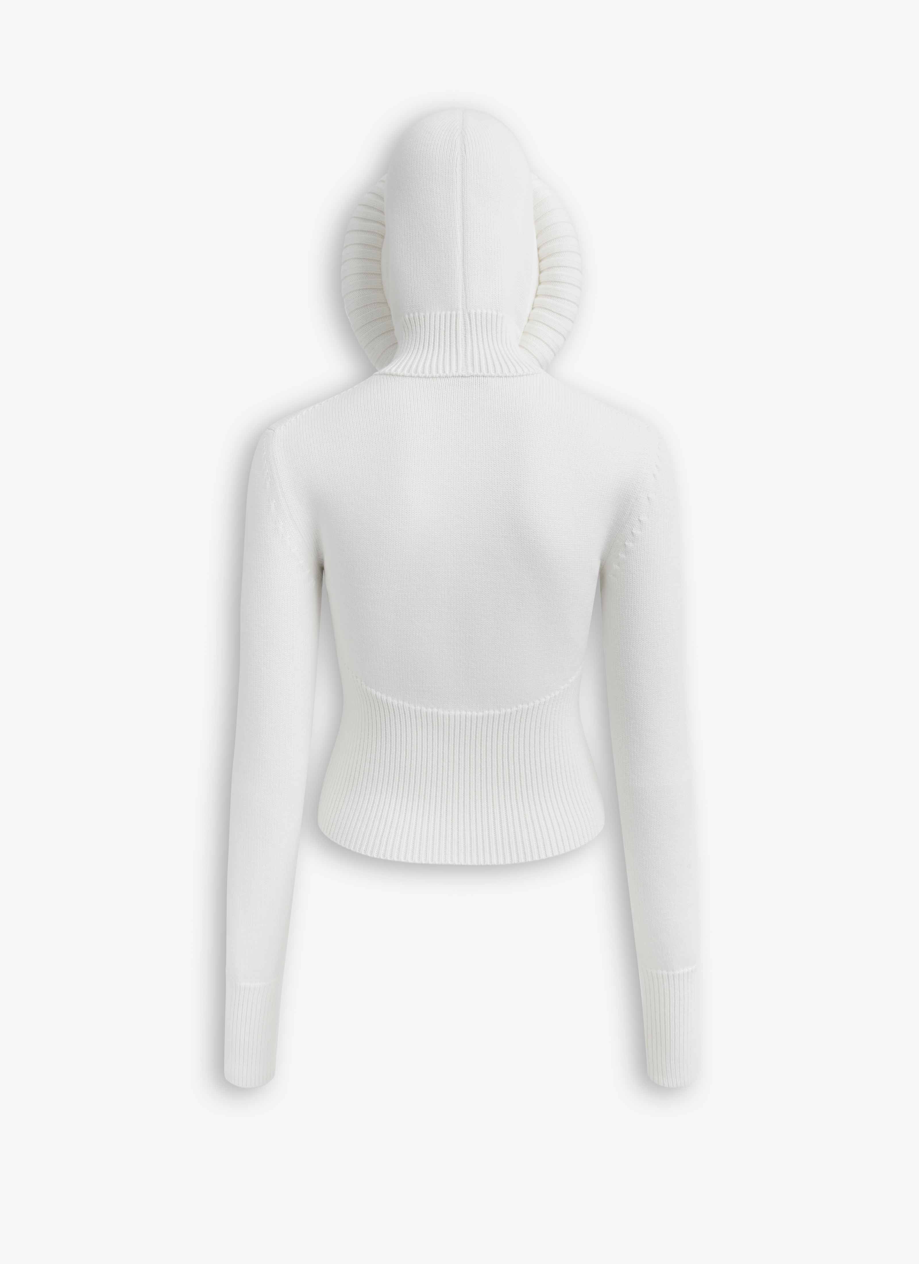 ALAÏA WHITE SCULPTURAL HOOD RIBBED KNIT JUMPER