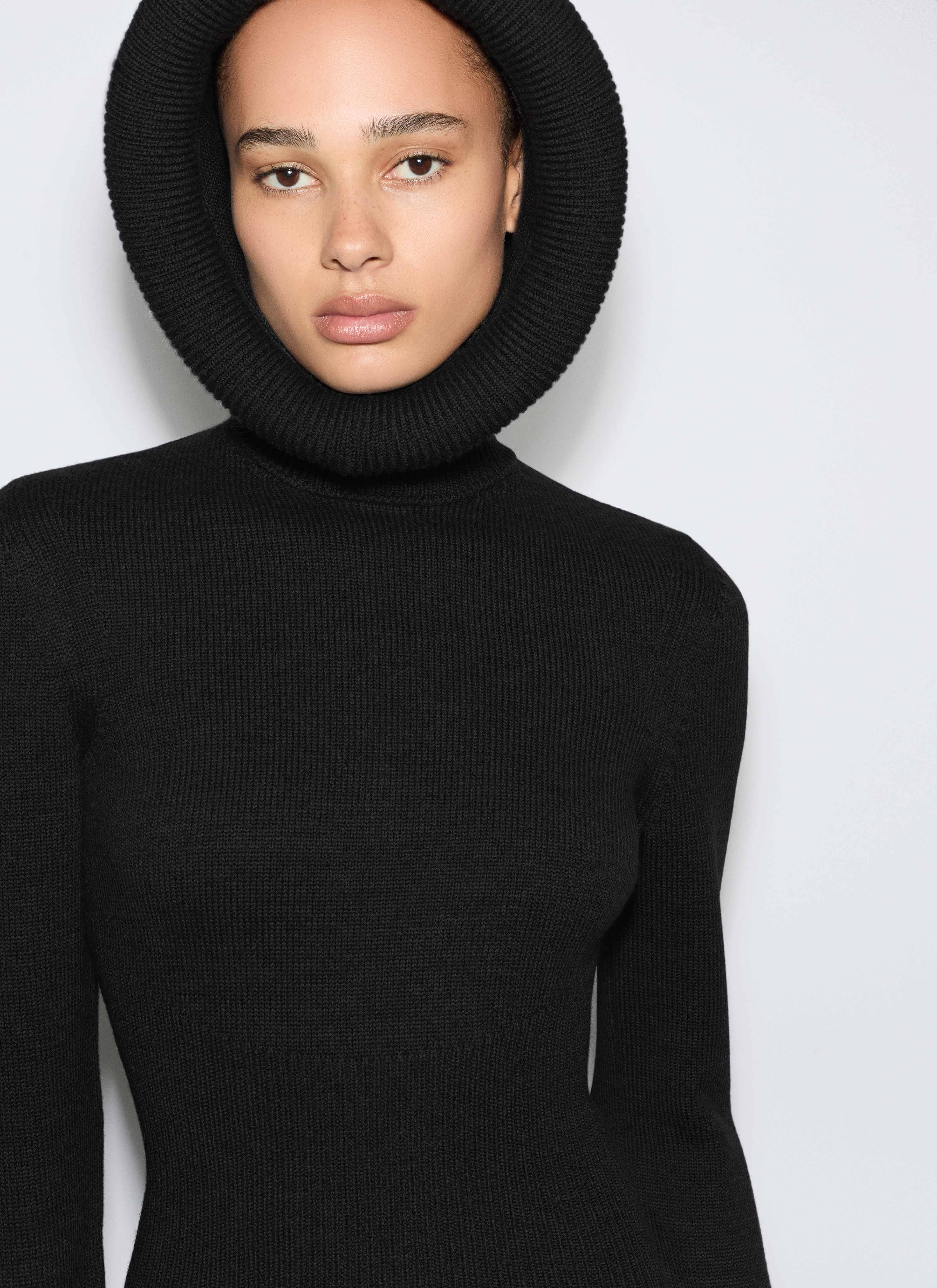 ALAÏA BLACK SCULPTURAL HOOD RIBBED KNIT JUMPER