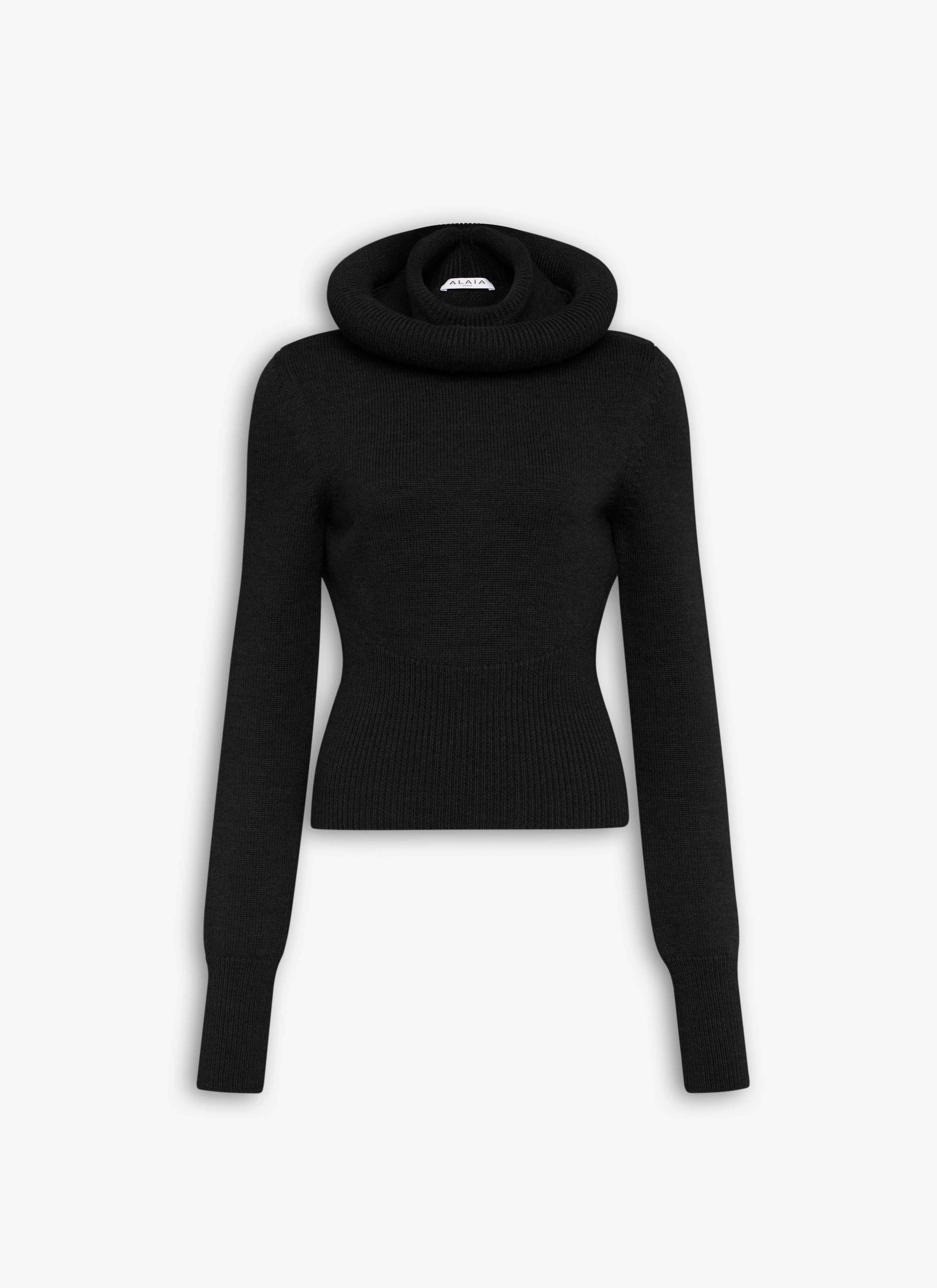 ALAÏA BLACK SCULPTURAL HOOD RIBBED KNIT JUMPER