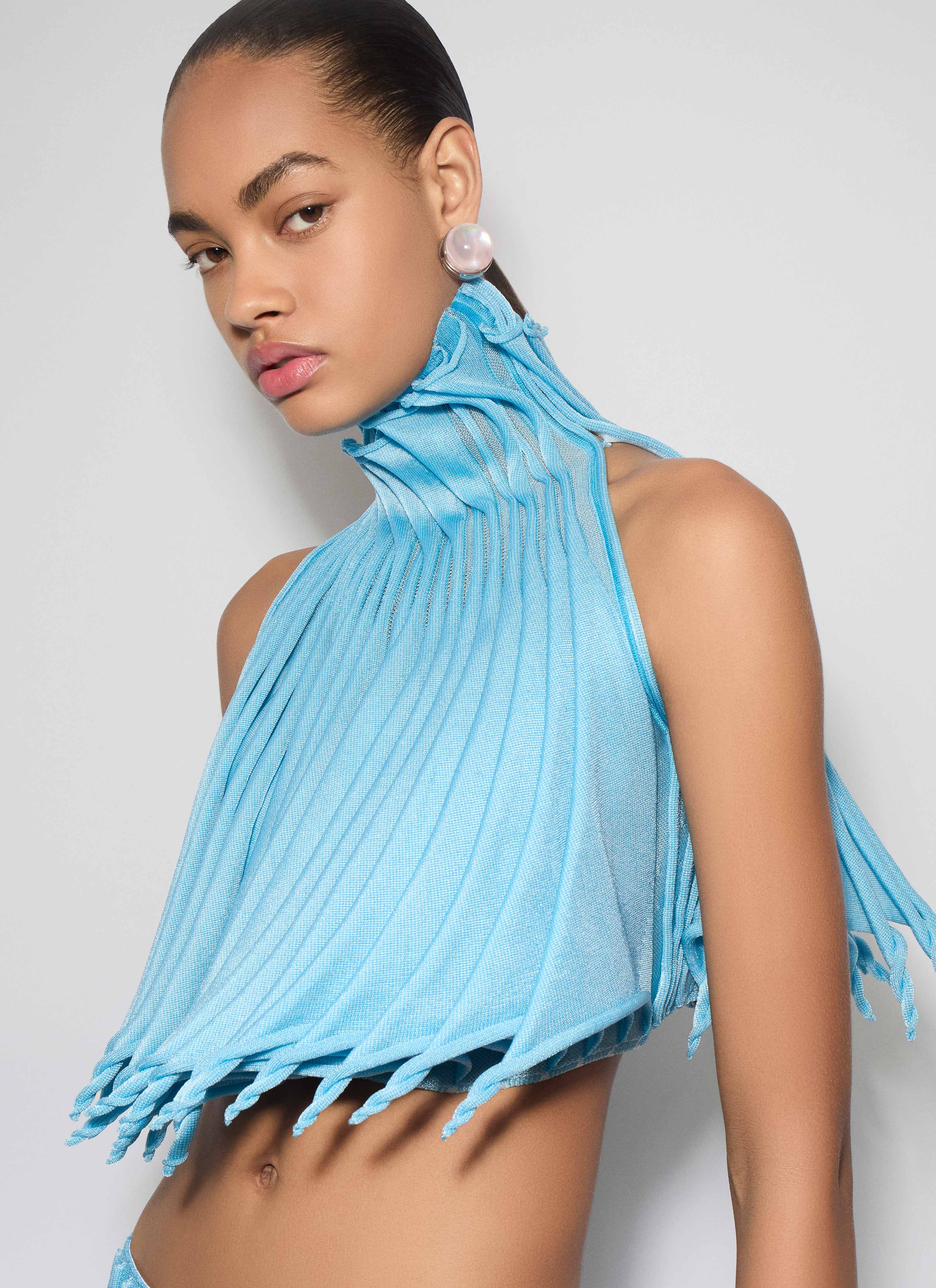 ALAÏA GLACIER BLUE CUPS NYLON KNIT TAPERED TOP