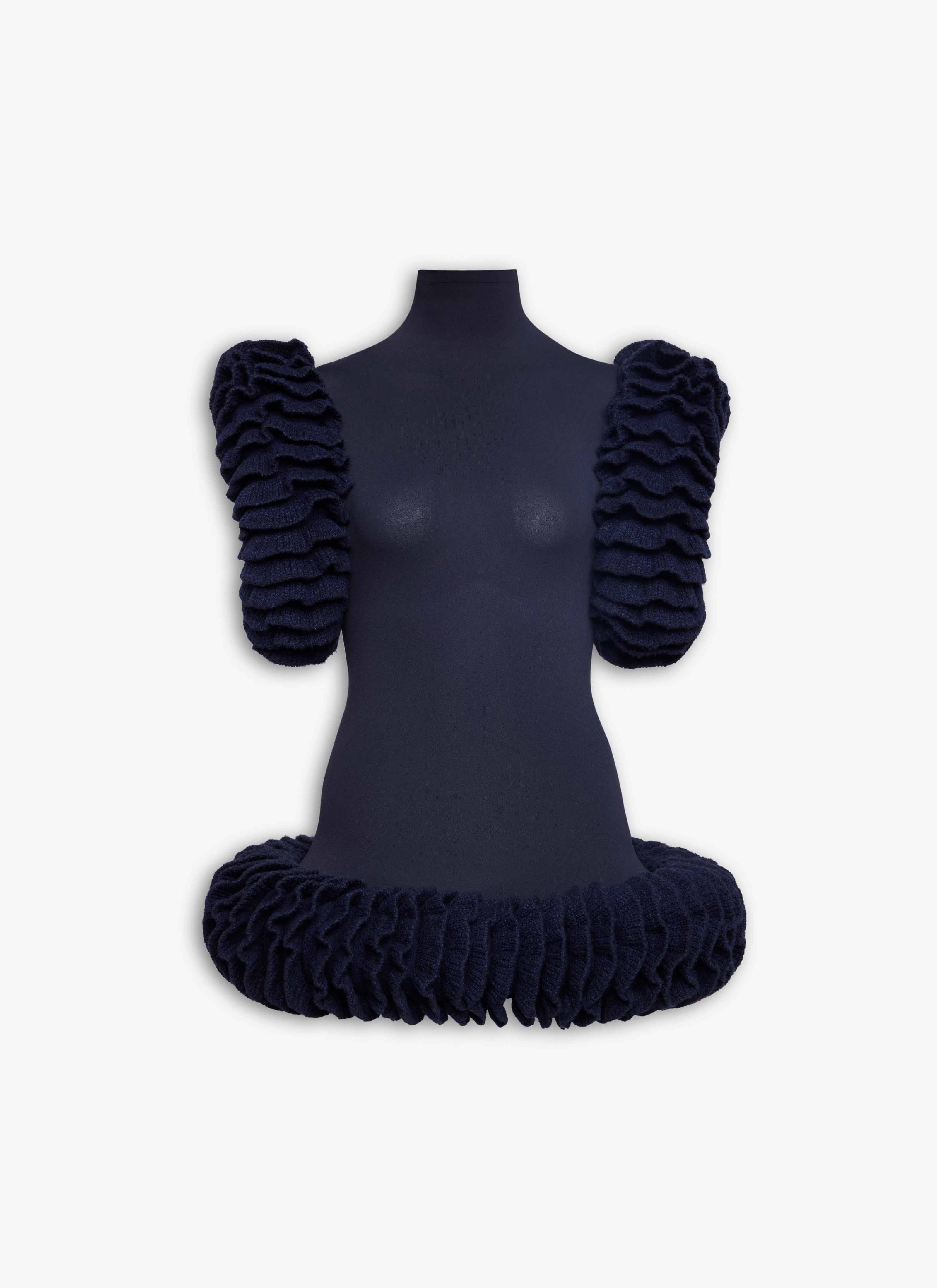 ALAÏA MARINE TWEED KNIT RUFFLE TOP