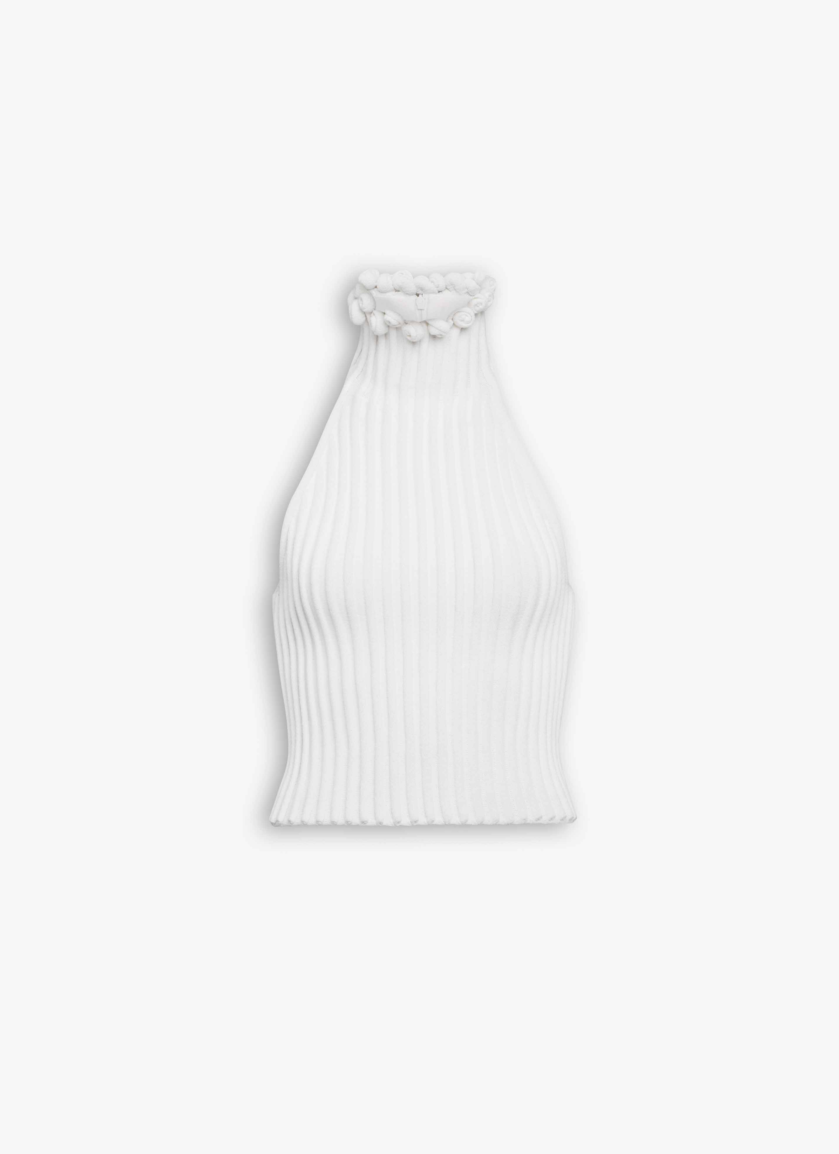 ALAÏA WHITE RIBBED KNIT CURLED TRIMMED HALTER TOP