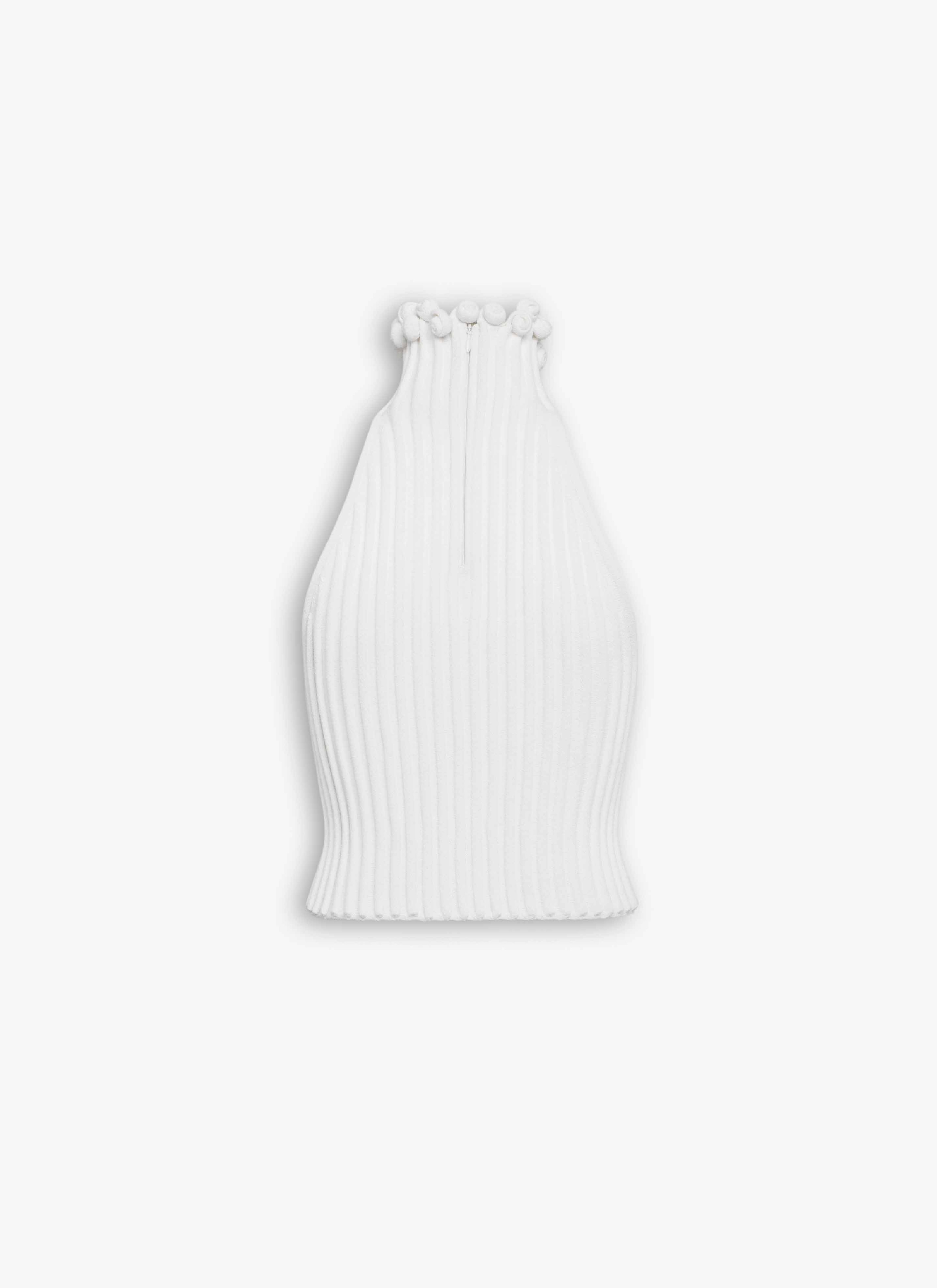 ALAÏA WHITE RIBBED KNIT CURLED TRIMMED HALTER TOP