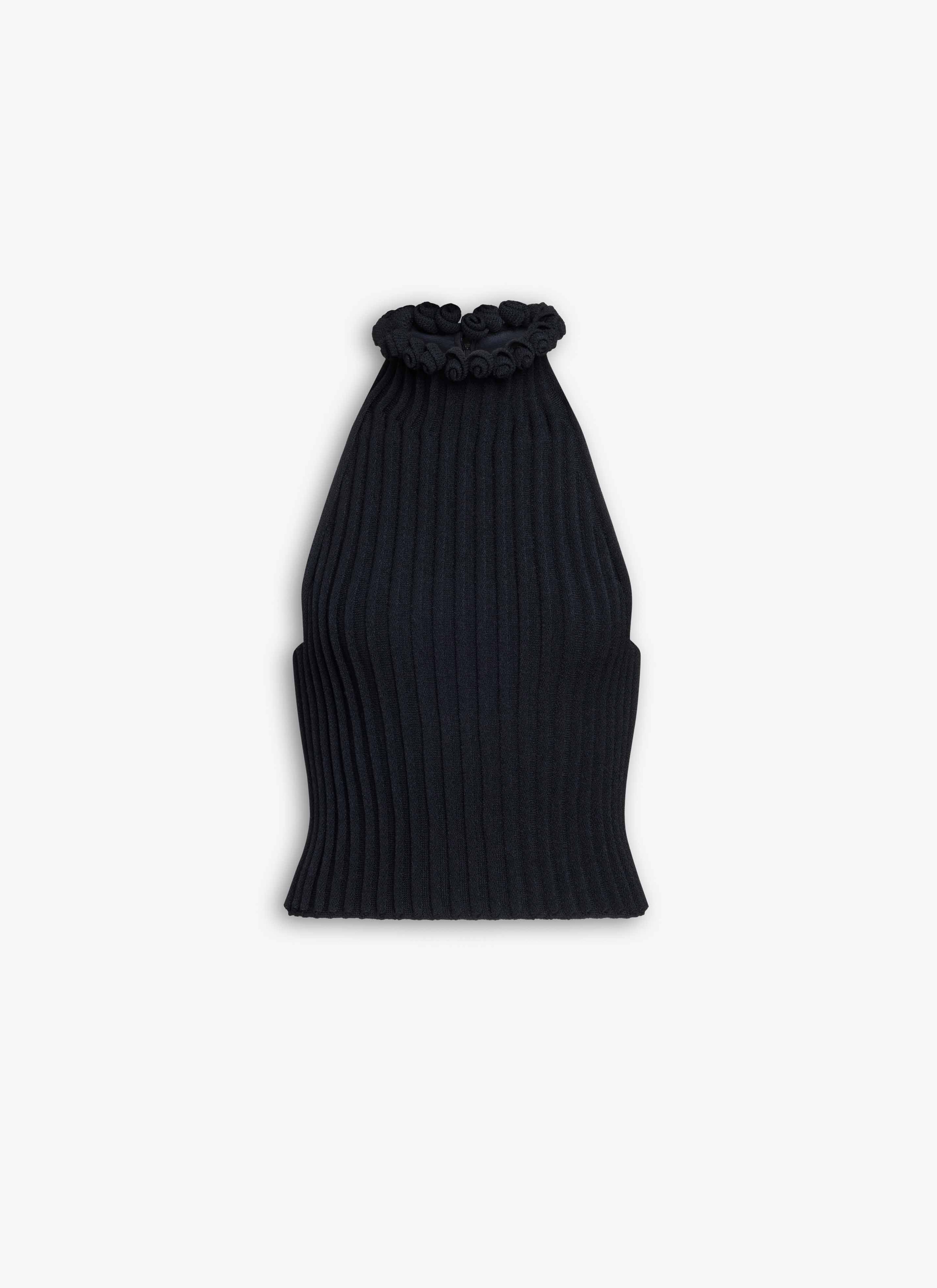 ALAÏA BLACK RIBBED KNIT HALTER TOP WITH WAVY FINISH