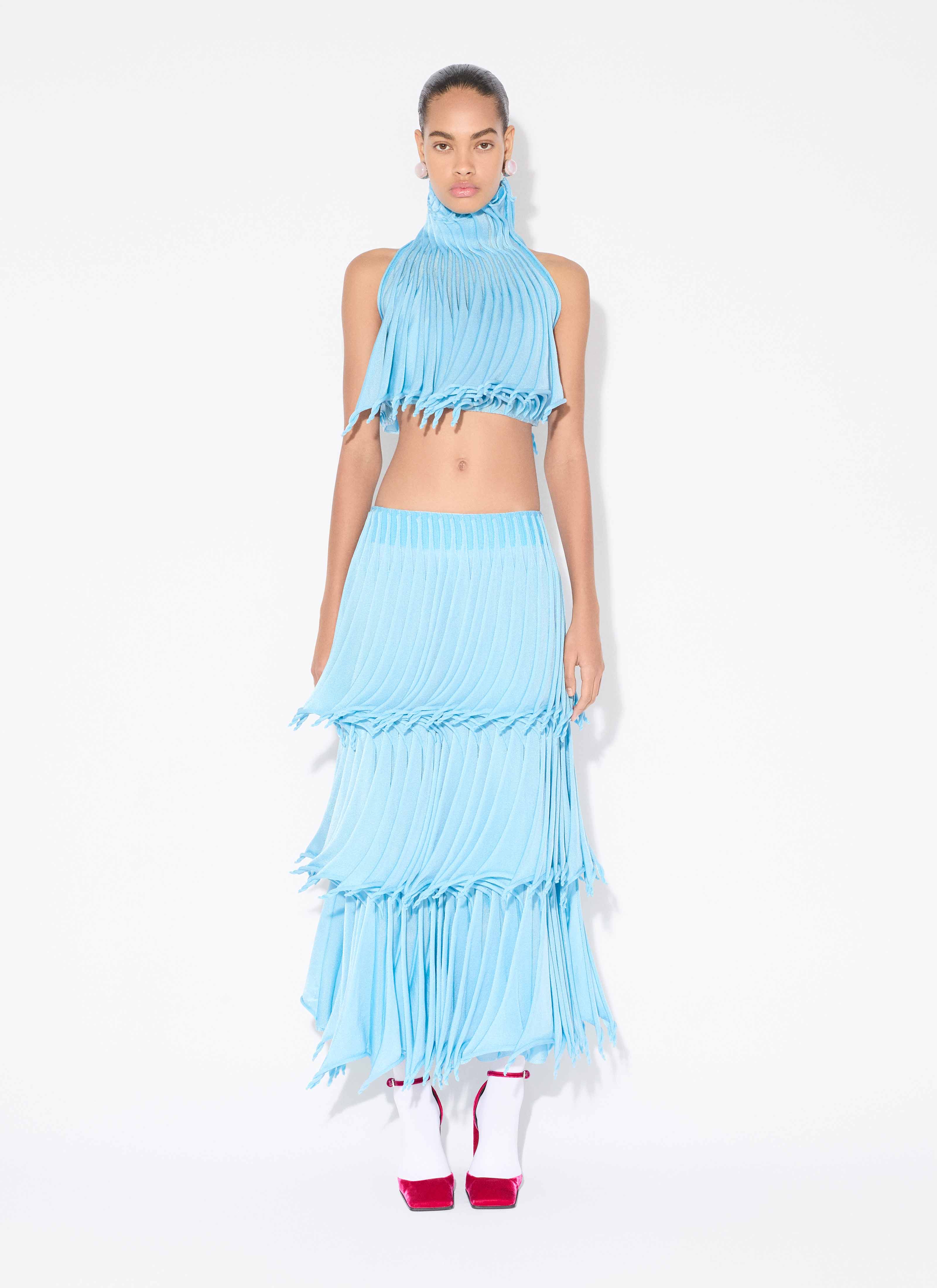 ALAÏA GLACIER BLUE CUPS NYLON KNIT TAPERED SKIRT