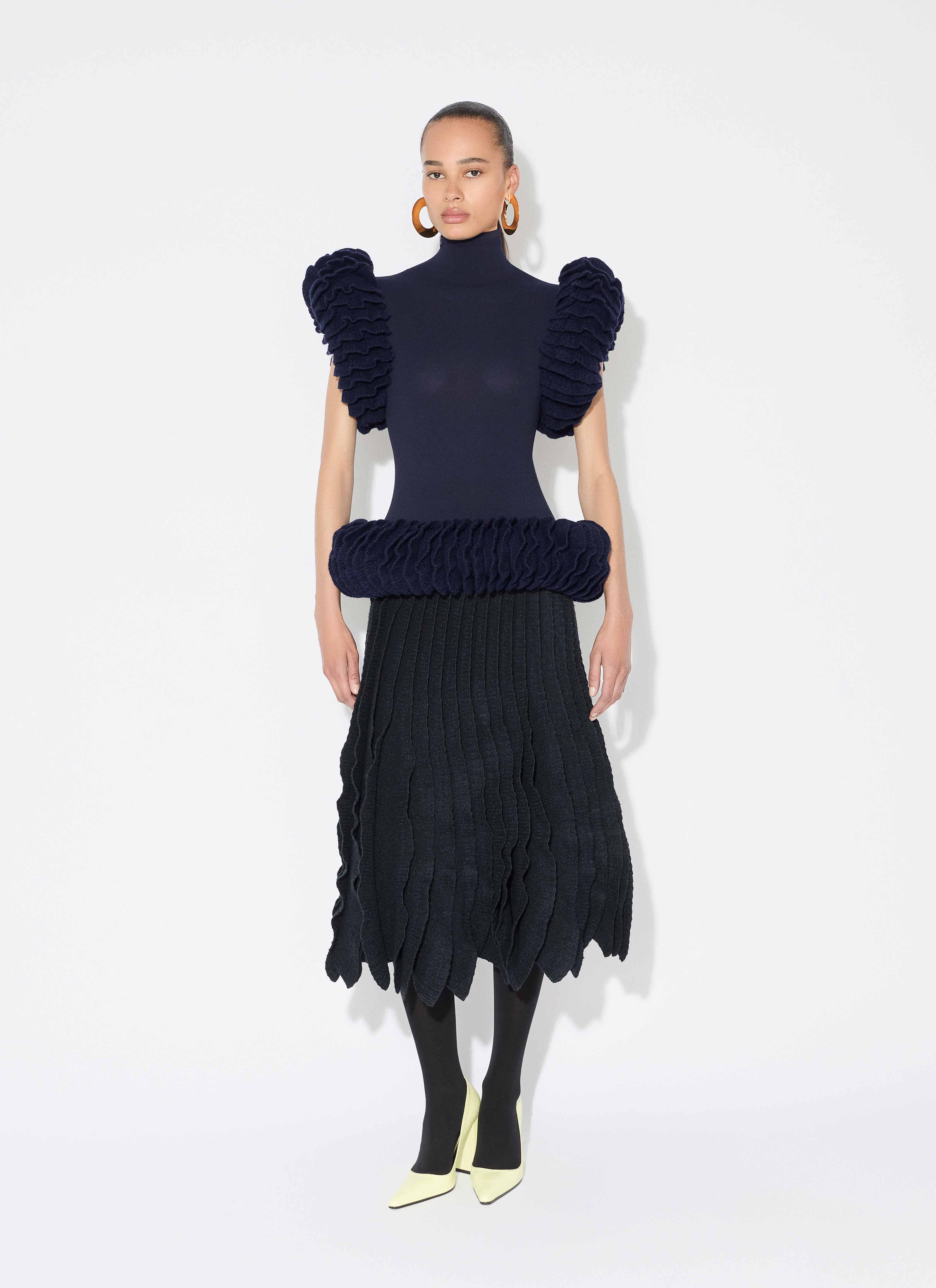 ALAÏA MARINE TWEED KNIT FRILLS SKIRT