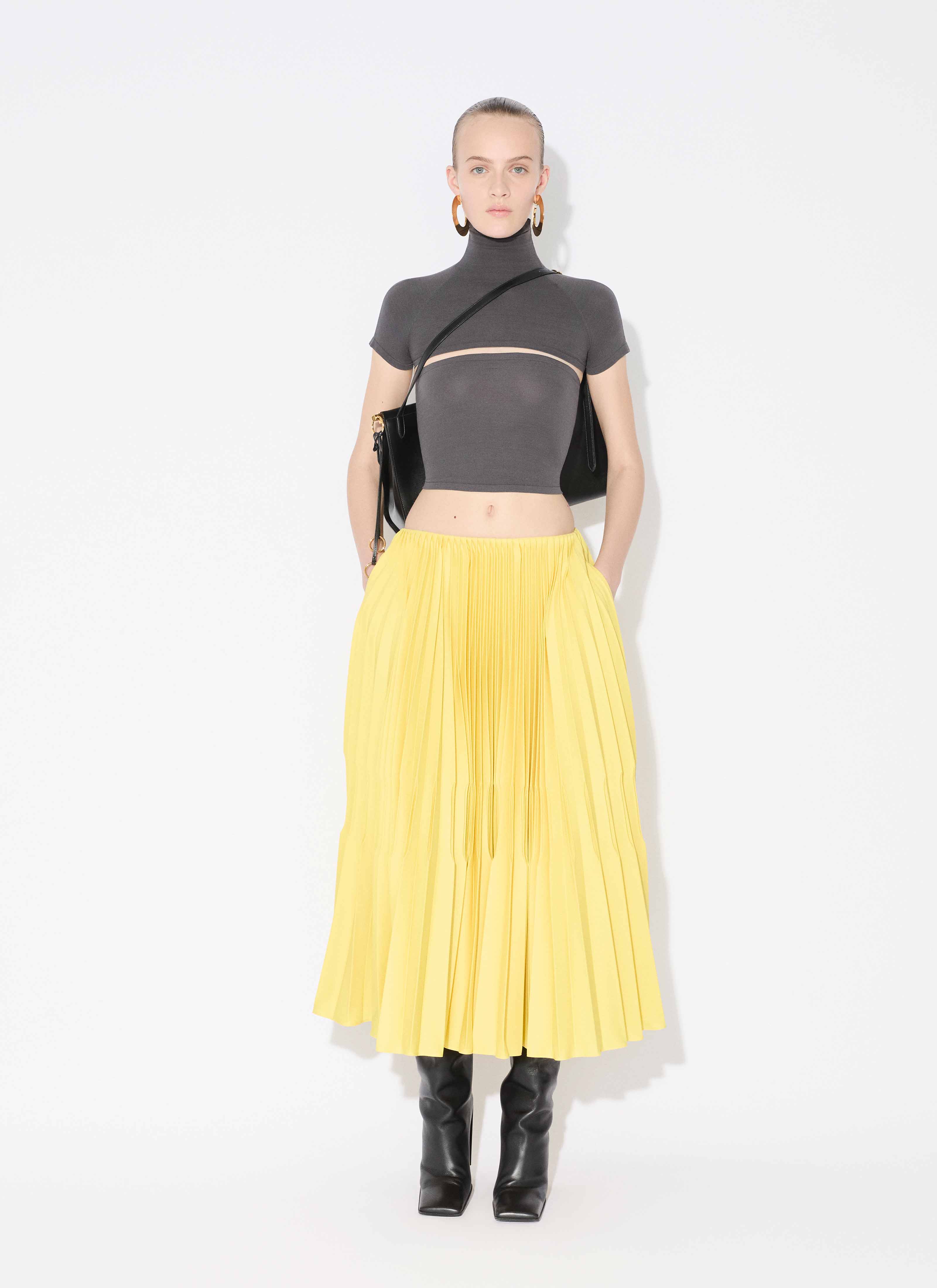 ALAÏA BRIGHT YELLOW WOOL GABARDINE PLEATED SKIRT