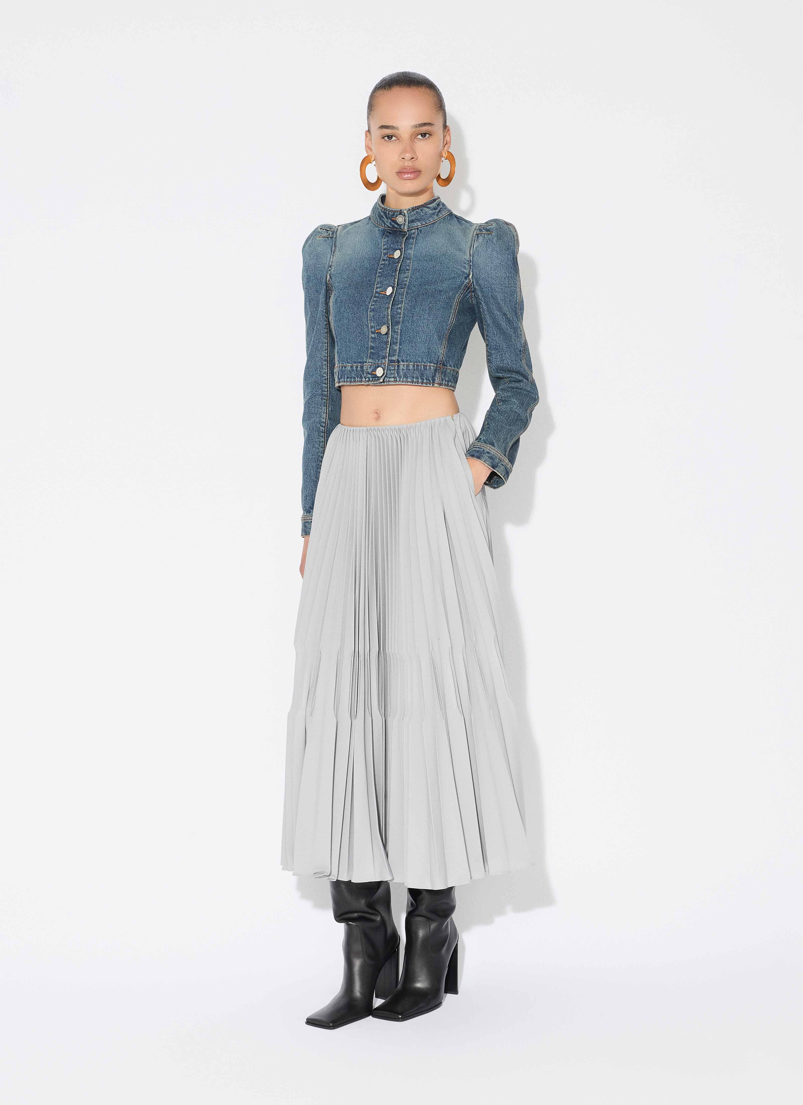 ALAÏA MOUSE GREY WOOL GABARDINE PLEATED SKIRT