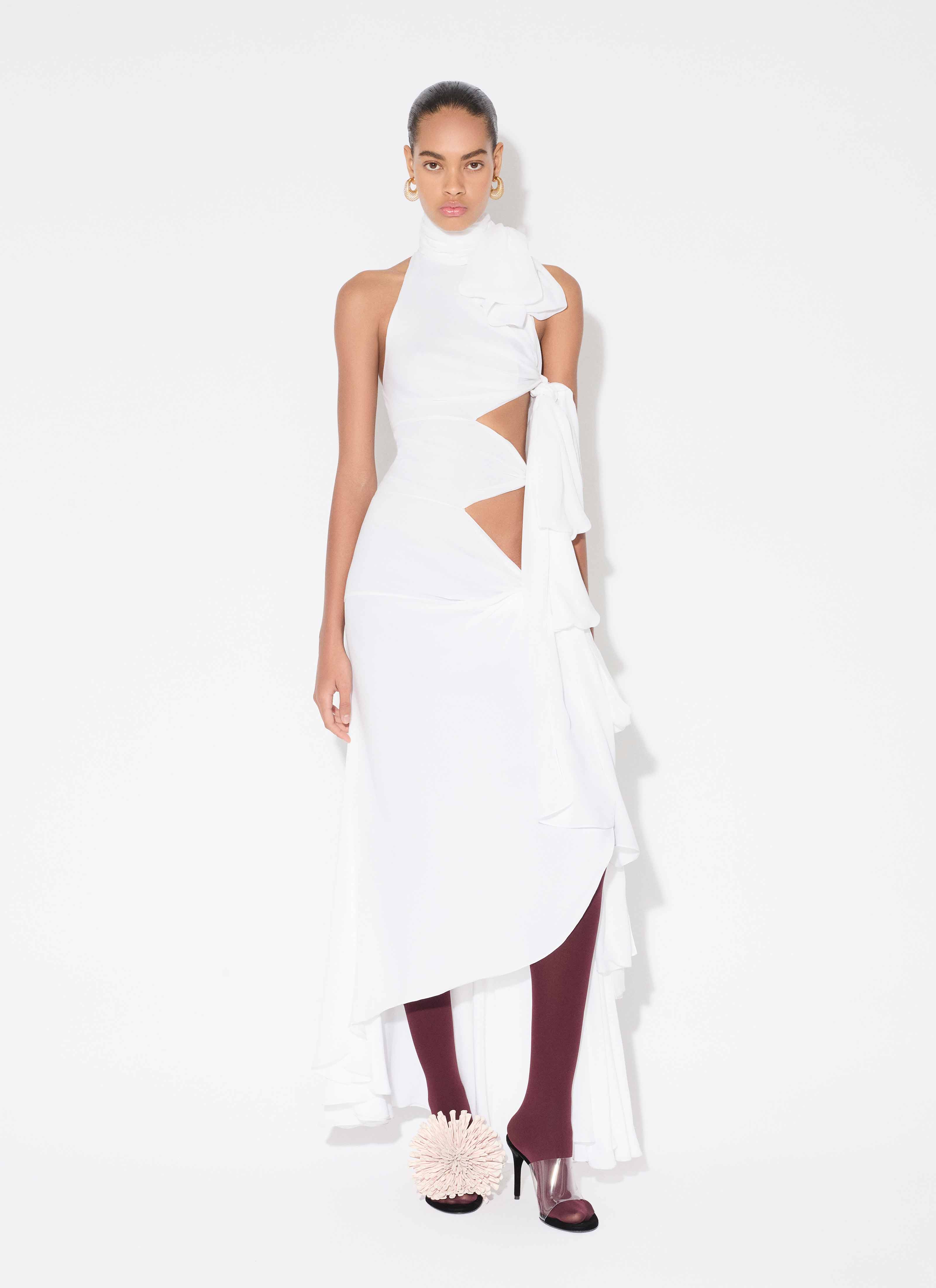 ALAÏA WHITE LIGHT GEORGETTE ASYMMETRICAL BOW DRESS