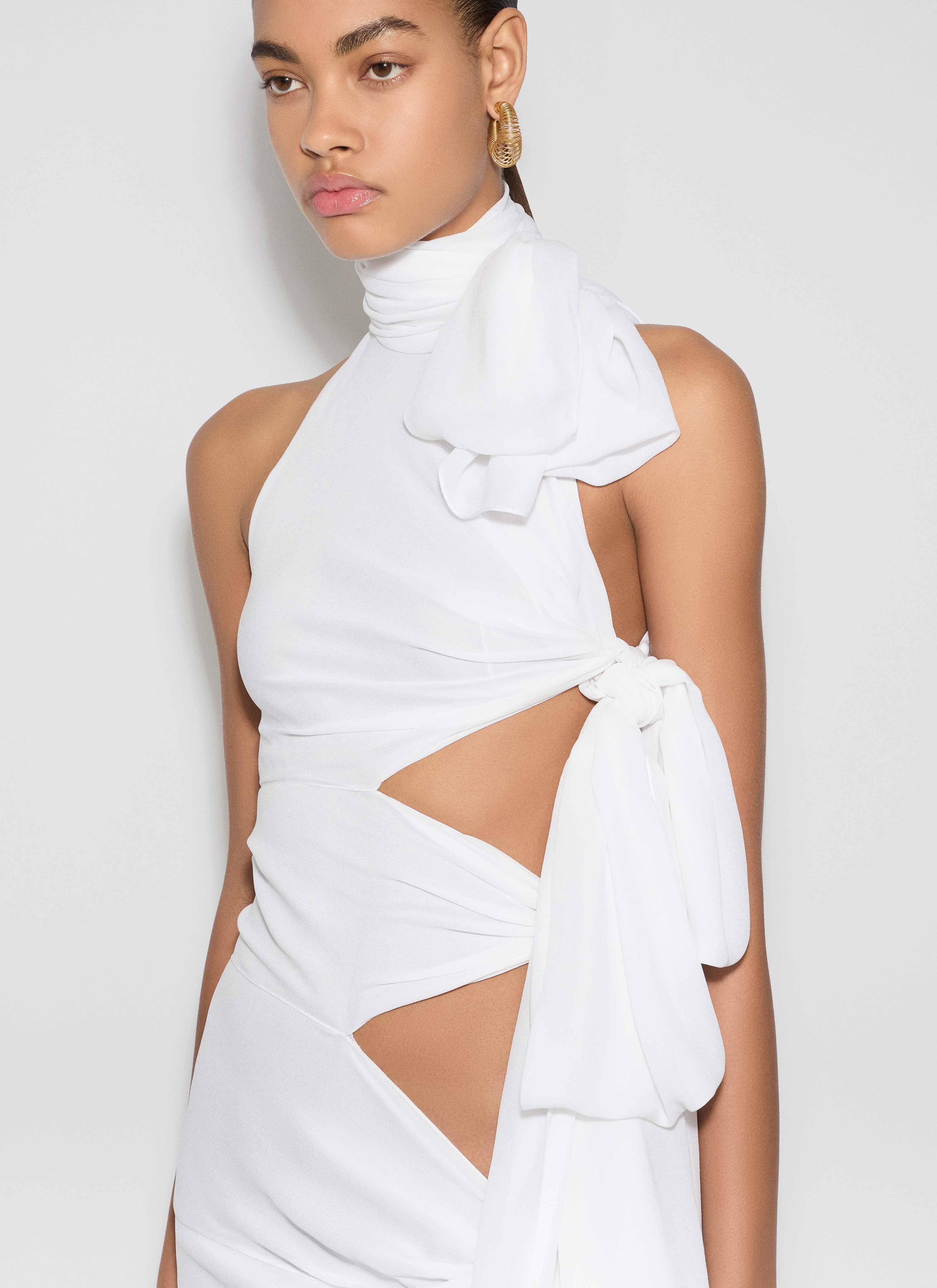 ALAÏA WHITE LIGHT GEORGETTE ASYMMETRICAL BOW DRESS