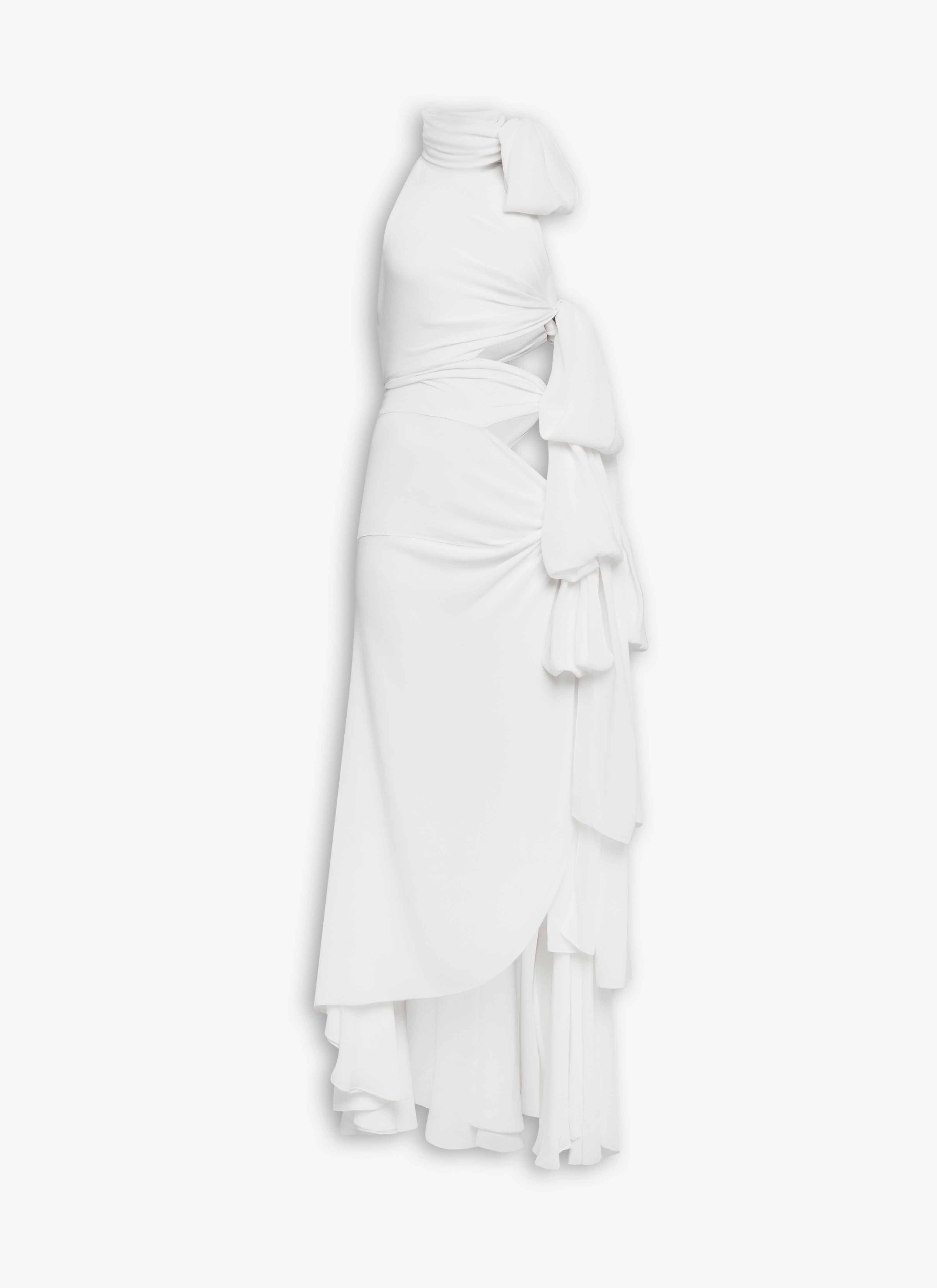 ALAÏA WHITE LIGHT GEORGETTE ASYMMETRICAL BOW DRESS
