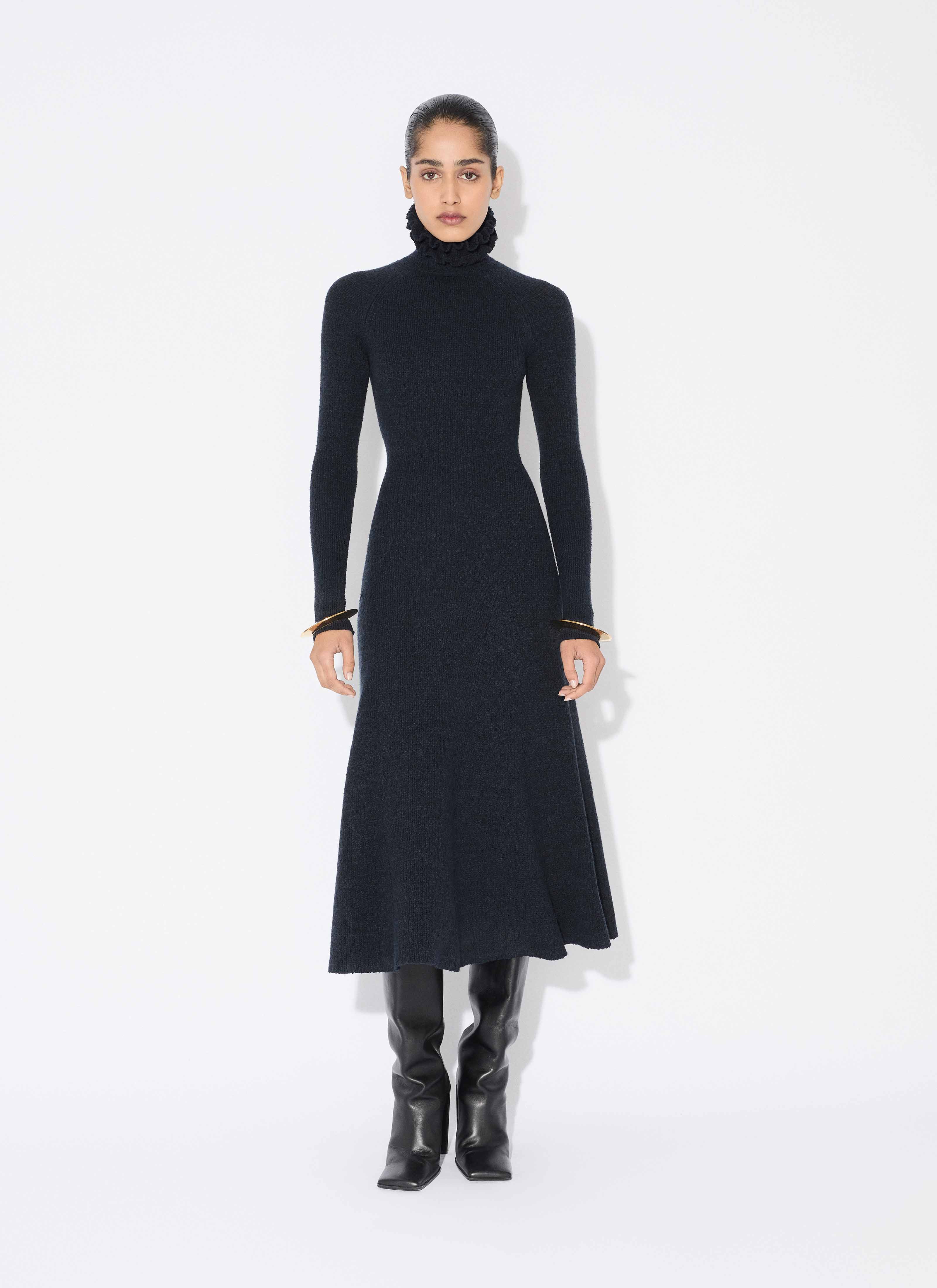 ALAÏA MARINE TWEED KNITTED HIGH-NECK DRESS