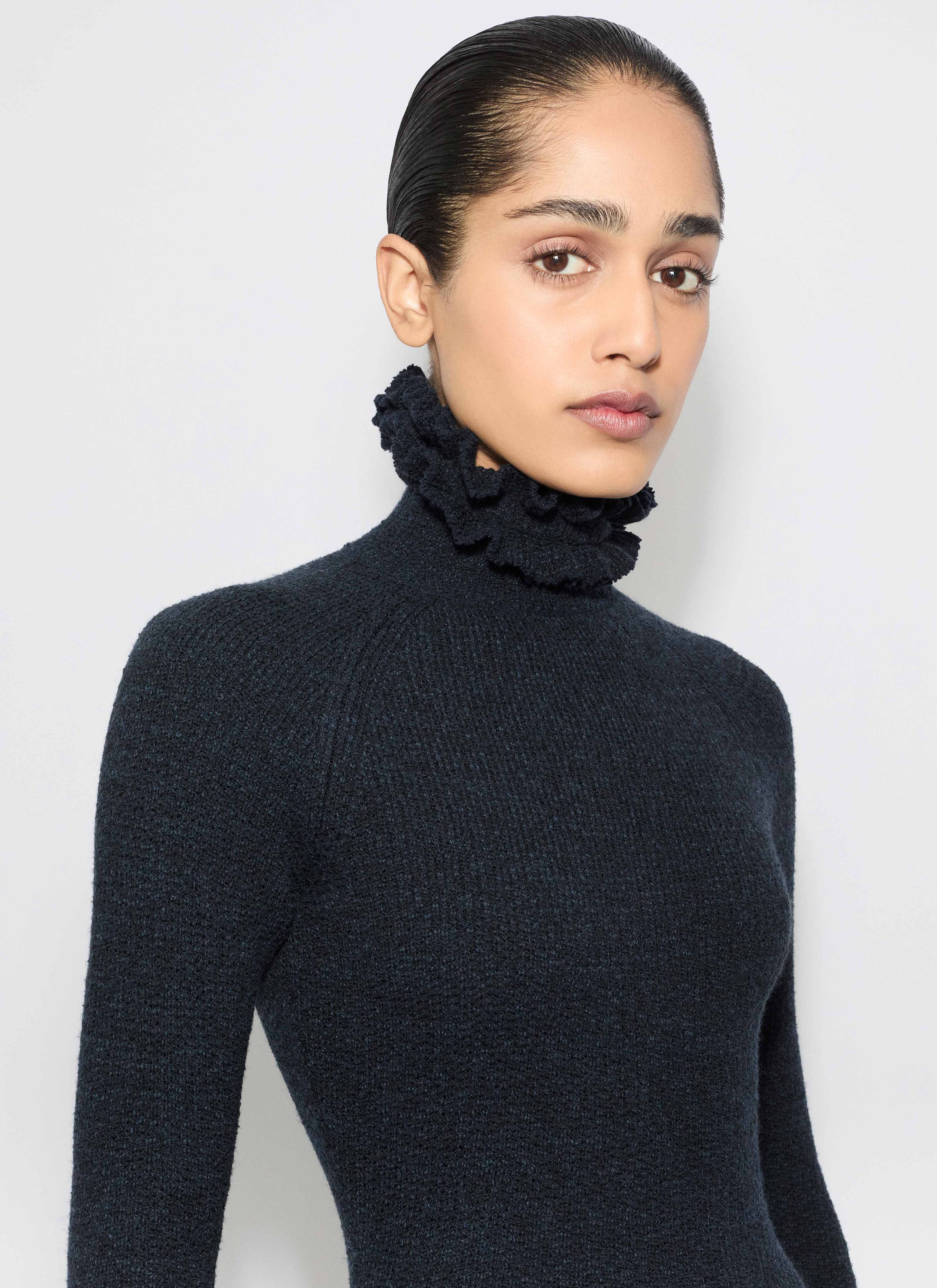 ALAÏA MARINE TWEED KNITTED HIGH-NECK DRESS
