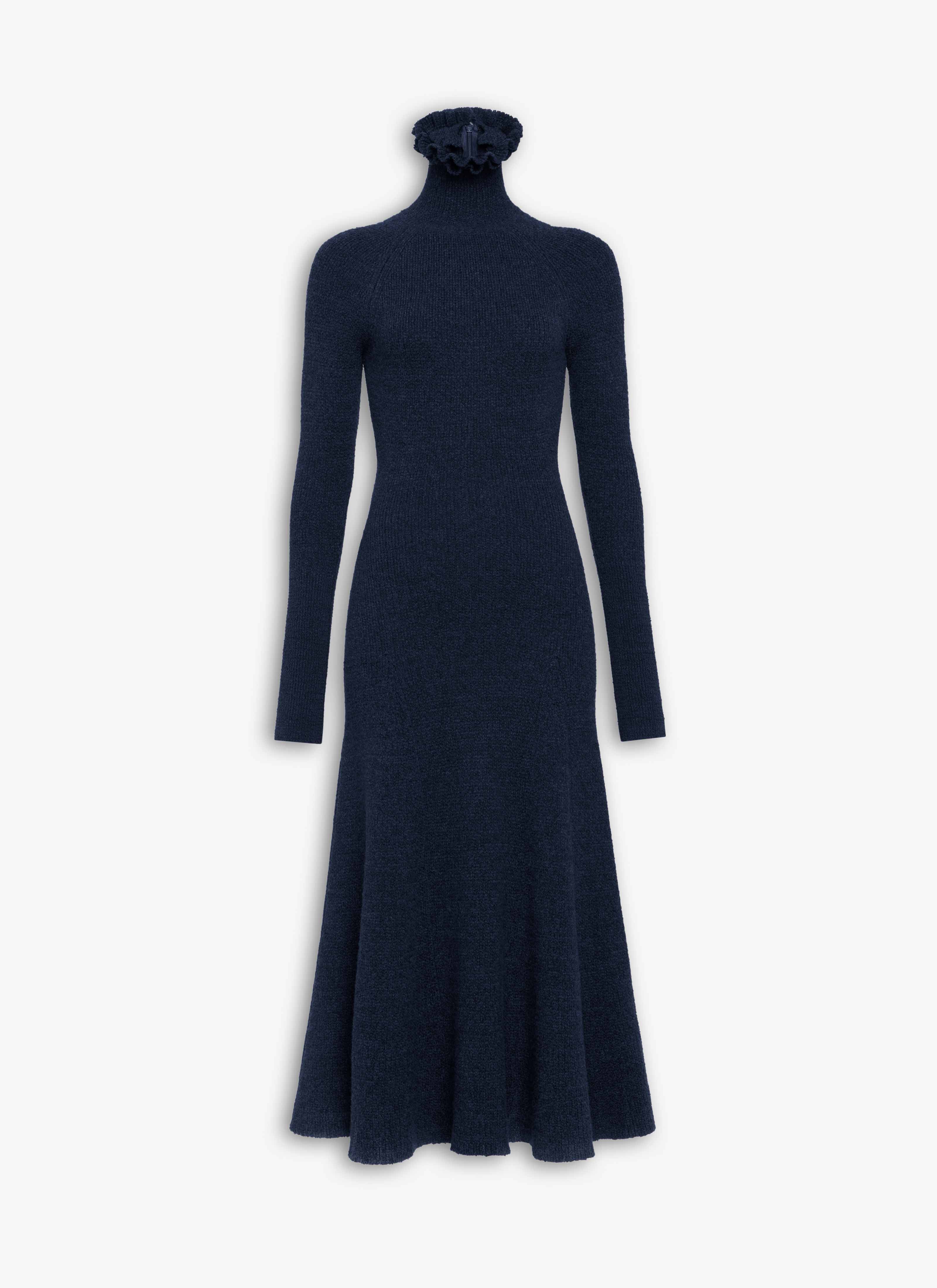 ALAÏA MARINE TWEED KNITTED HIGH-NECK DRESS
