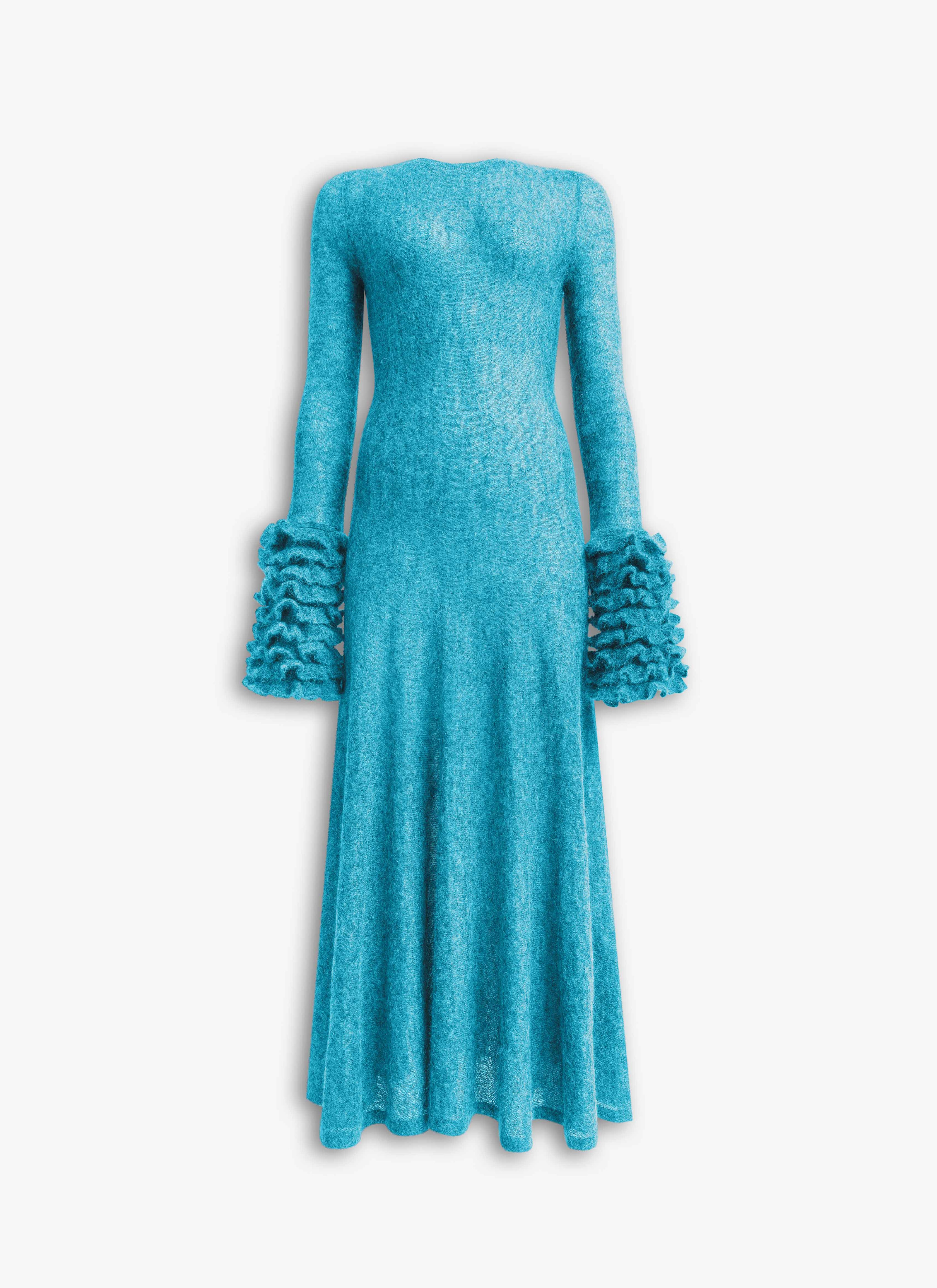 ALAÏA TURQUOISE FRILLS MOHAIR KNIT DRESS