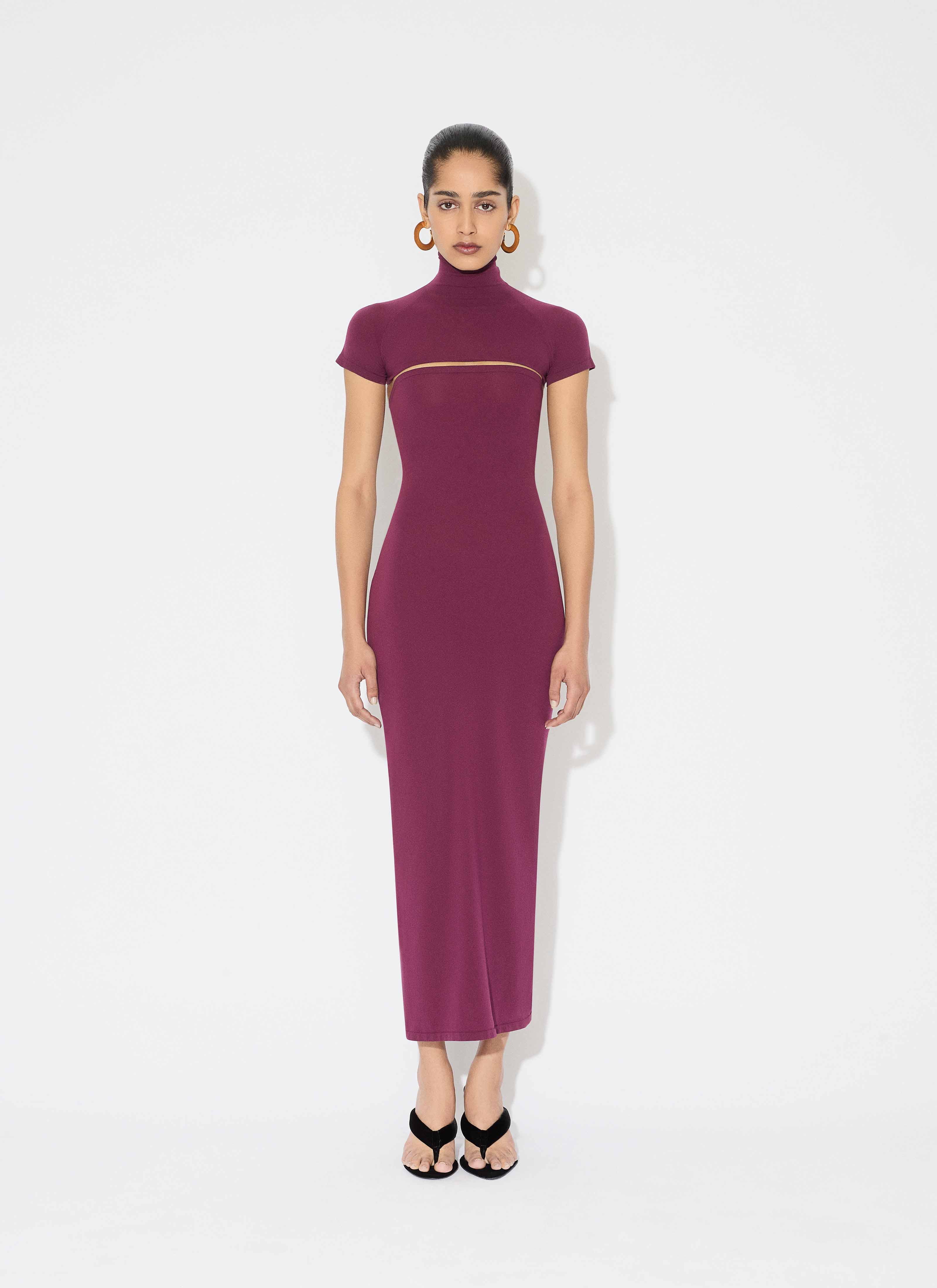 ALAÏA BURGUNDY SECOND-SKIN KNIT CUT-OUT DRESS
