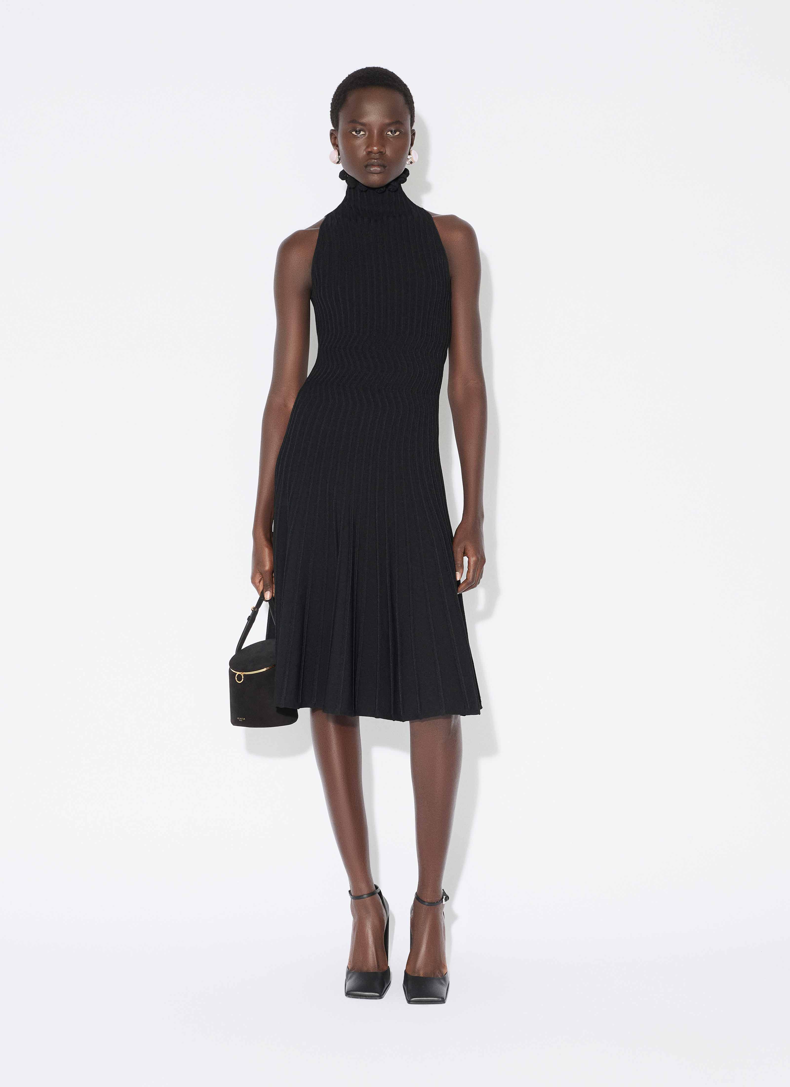 ALAÏA BLACK RIBBED KNIT CURLED HIGH NECK DRESS