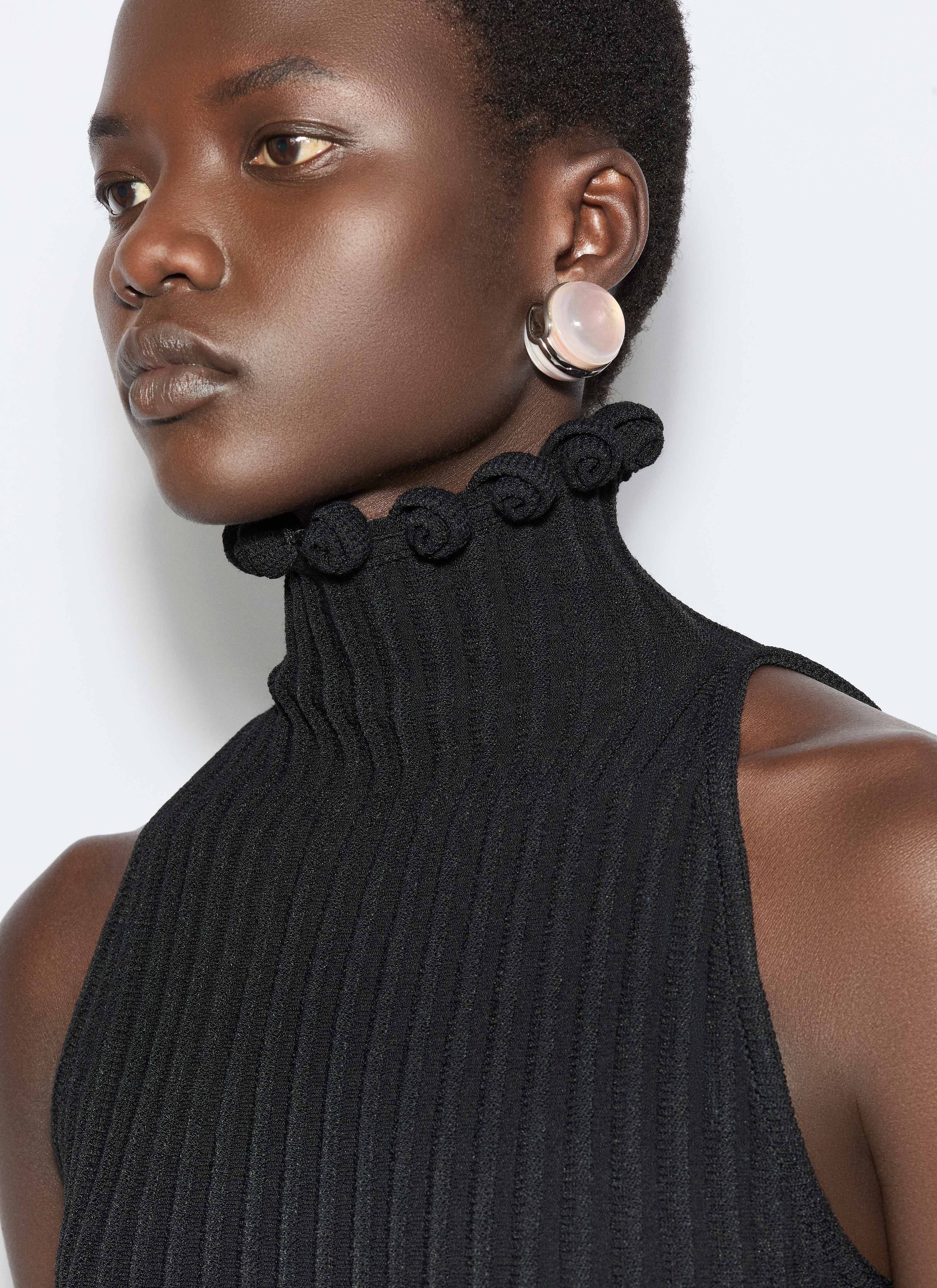 ALAÏA BLACK RIBBED KNIT CURLED HIGH NECK DRESS