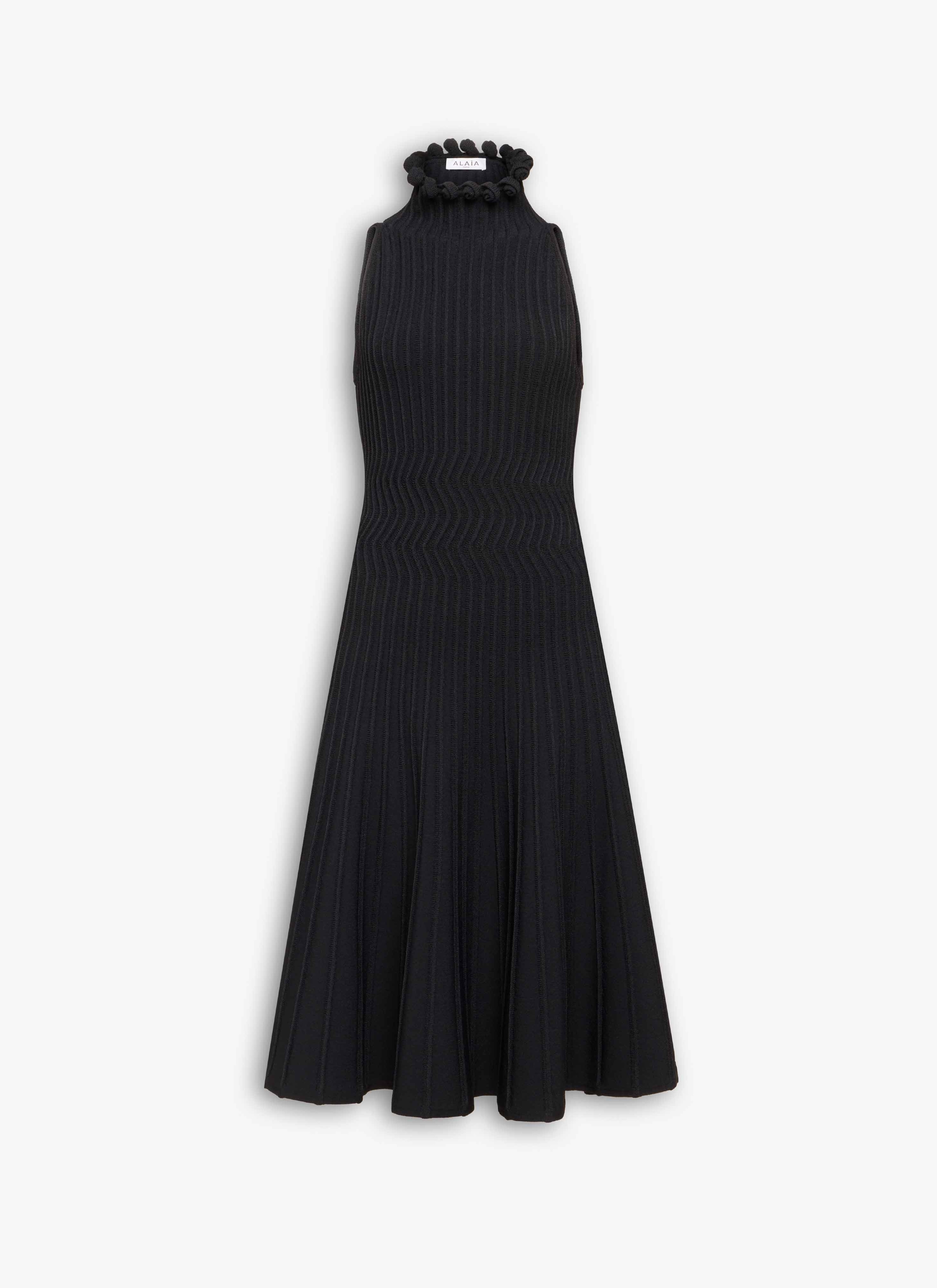 ALAÏA BLACK RIBBED KNIT CURLED HIGH NECK DRESS