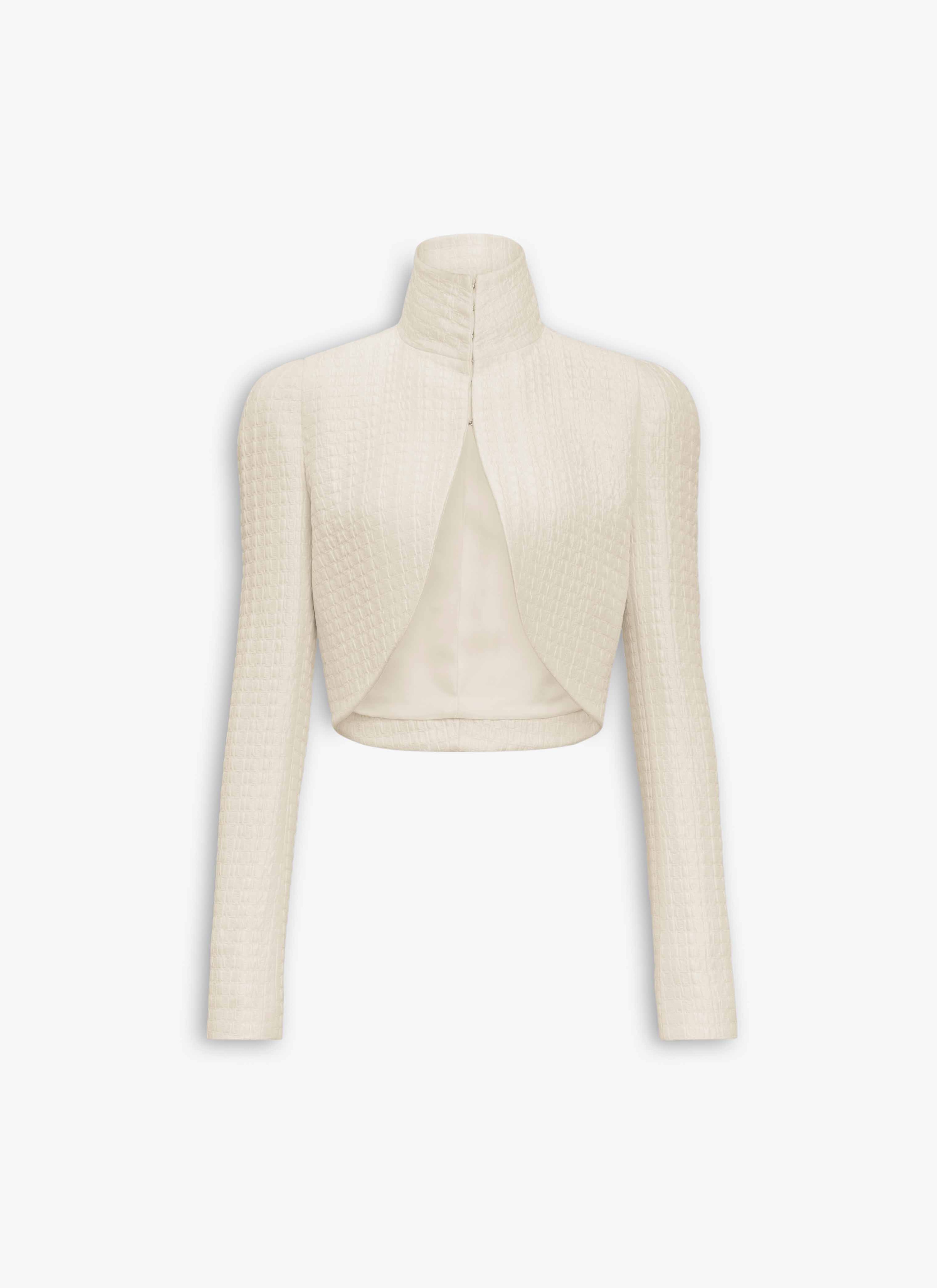 ALAÏA IVORY SILK CLOQUÉ CROPPED JACKET
