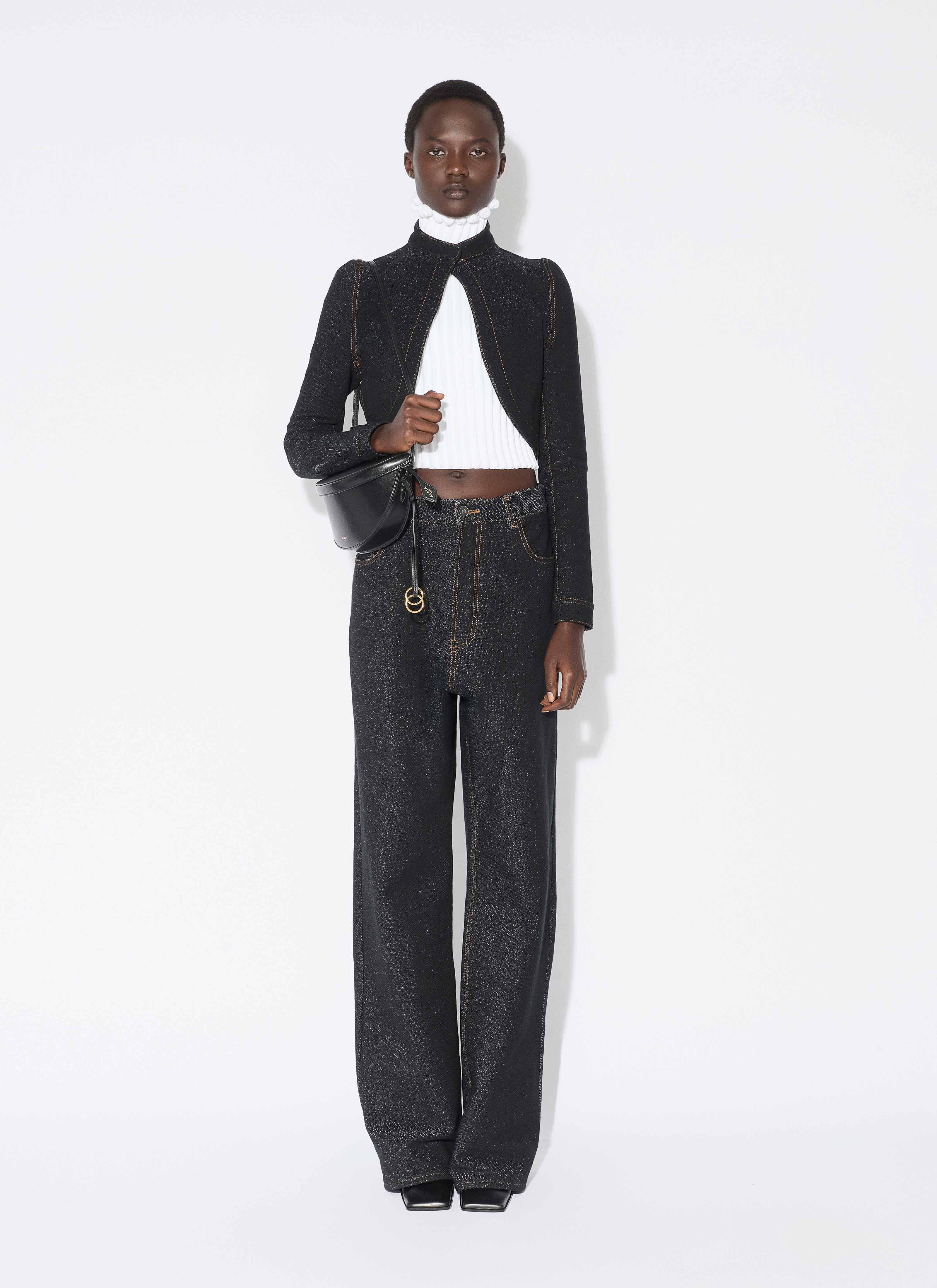 ALAÏA BLACK/WHITE DENIM KNIT CROPPED CUT-OUT JACKET