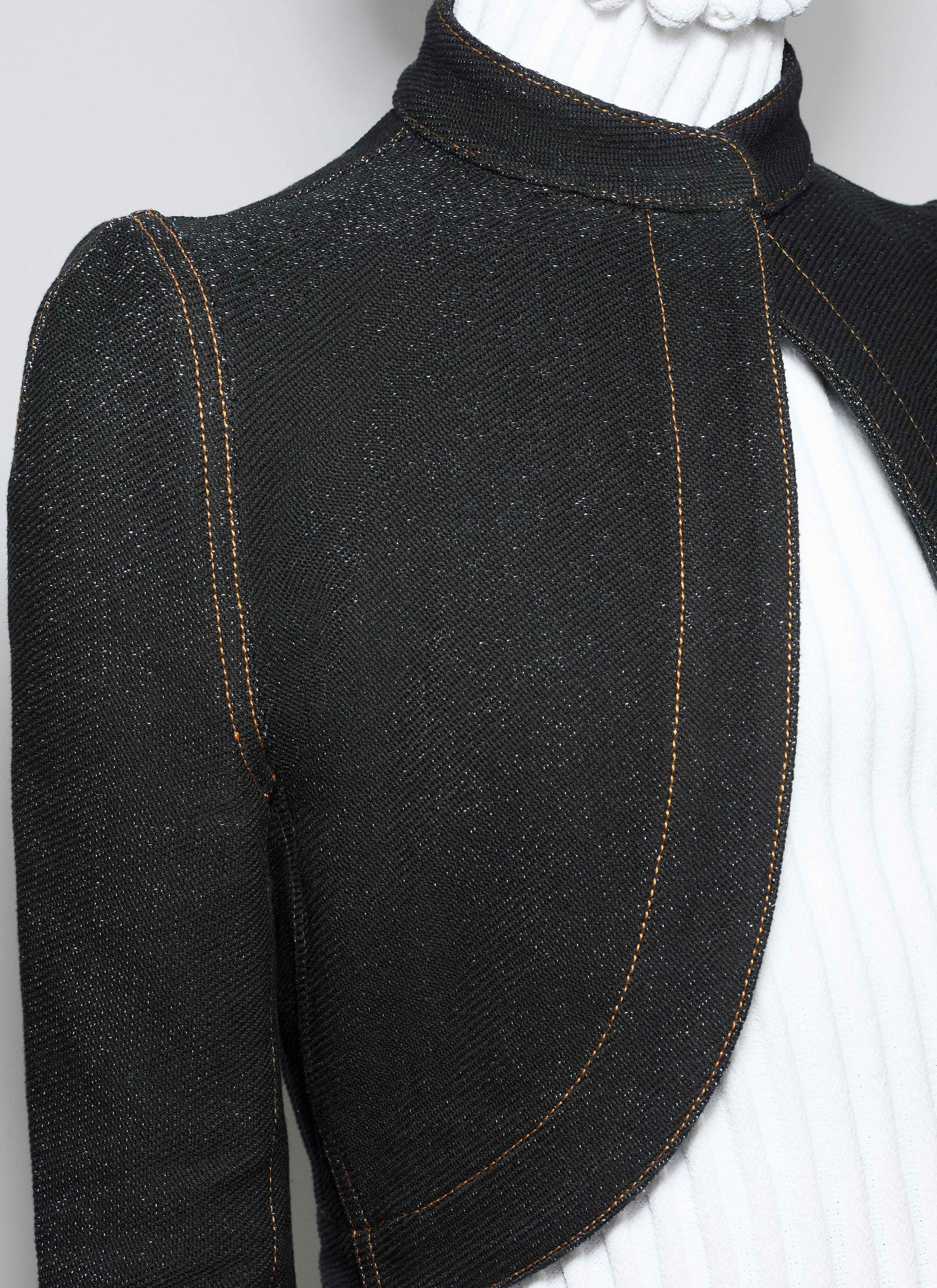 ALAÏA BLACK/WHITE DENIM KNIT CROPPED CUT-OUT JACKET