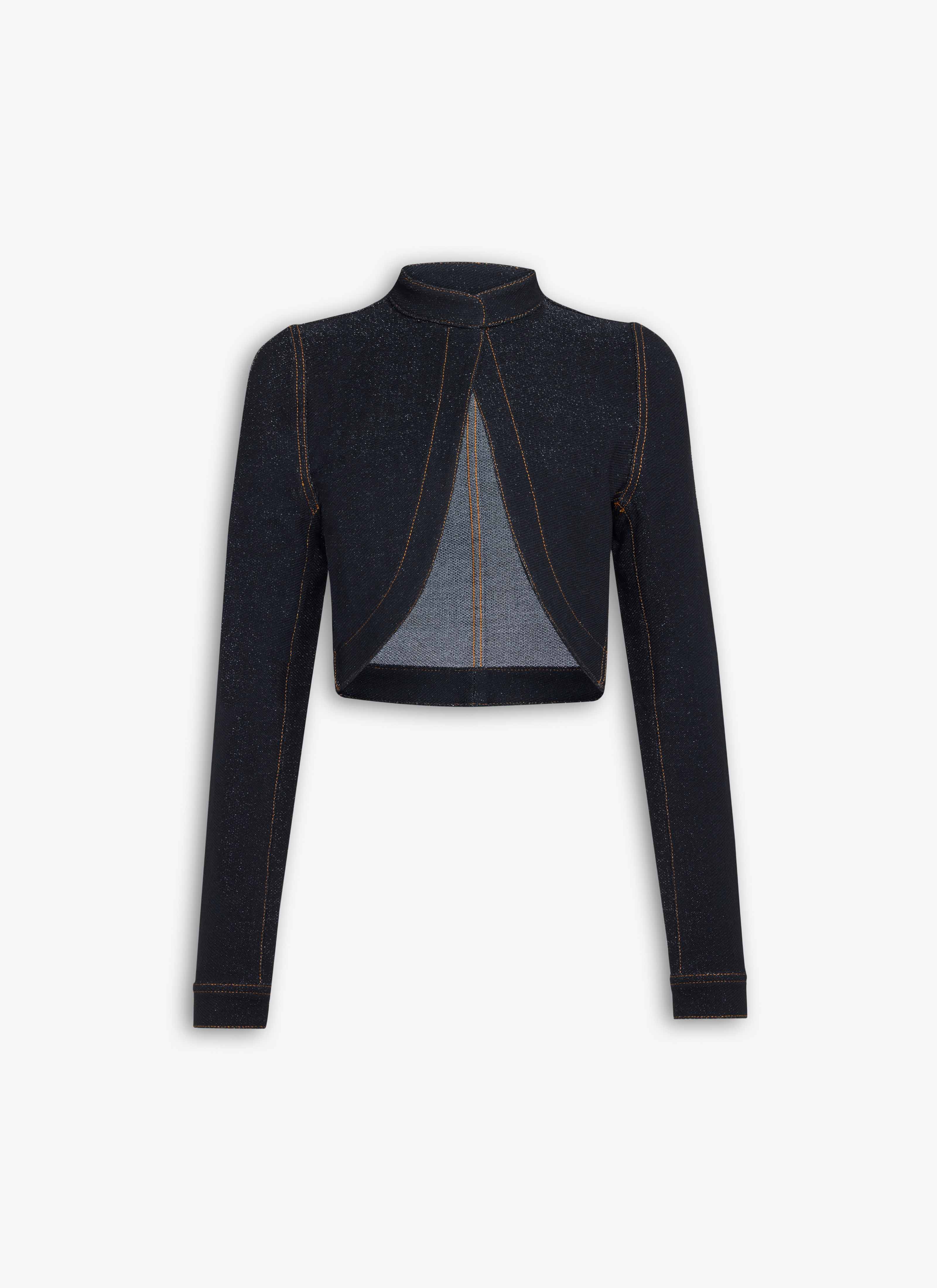 ALAÏA BLACK/WHITE DENIM KNIT CROPPED CUT-OUT JACKET