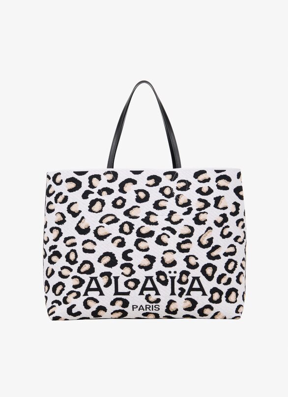 Large knit tote bag ALAÏA WHITE/BLACK LARGE KNIT TOTE BAG