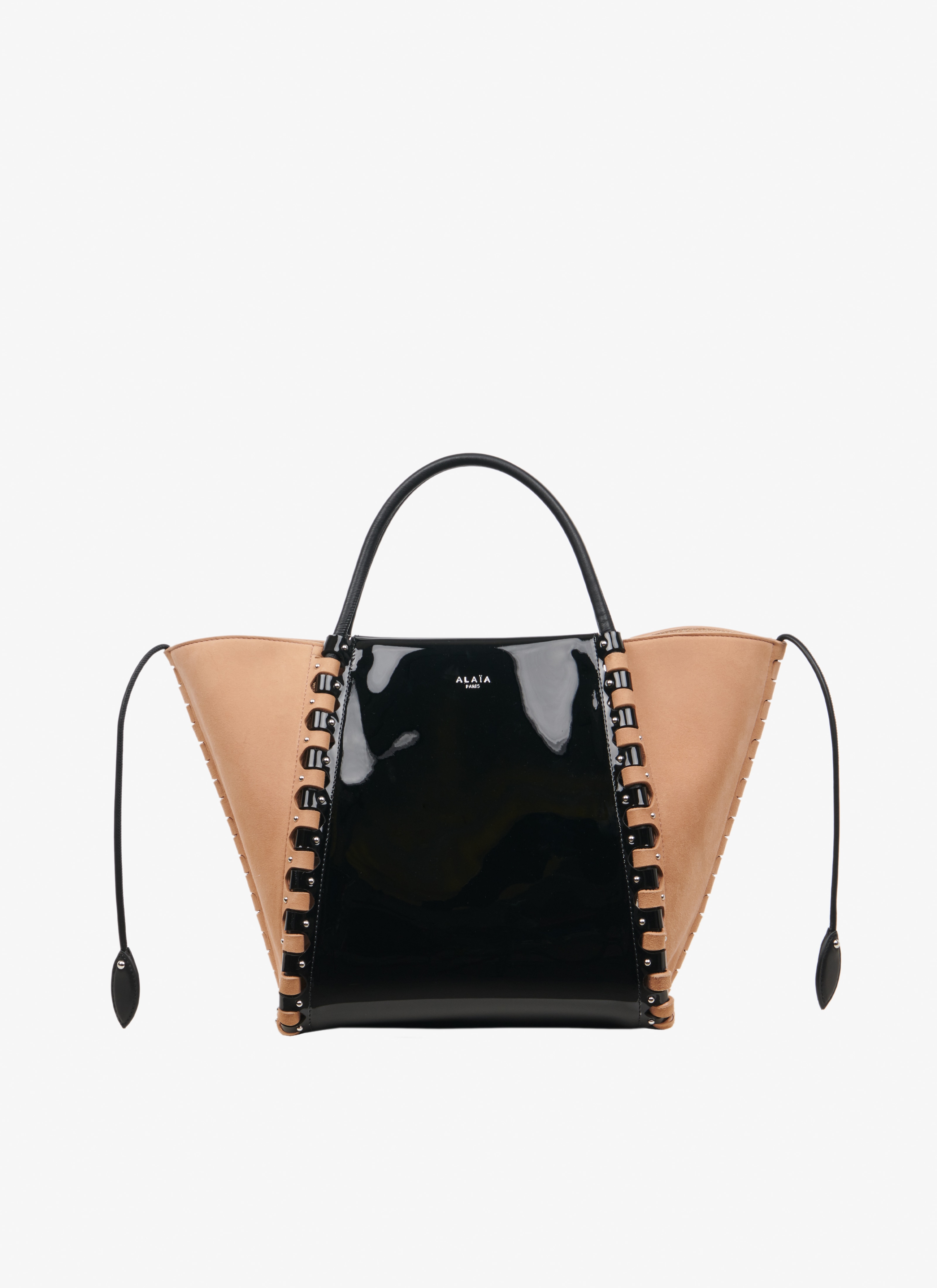 ALAÏA ANTIQUE PINK/BLACK SMALL HINGE PATENT LEATHER BAG
