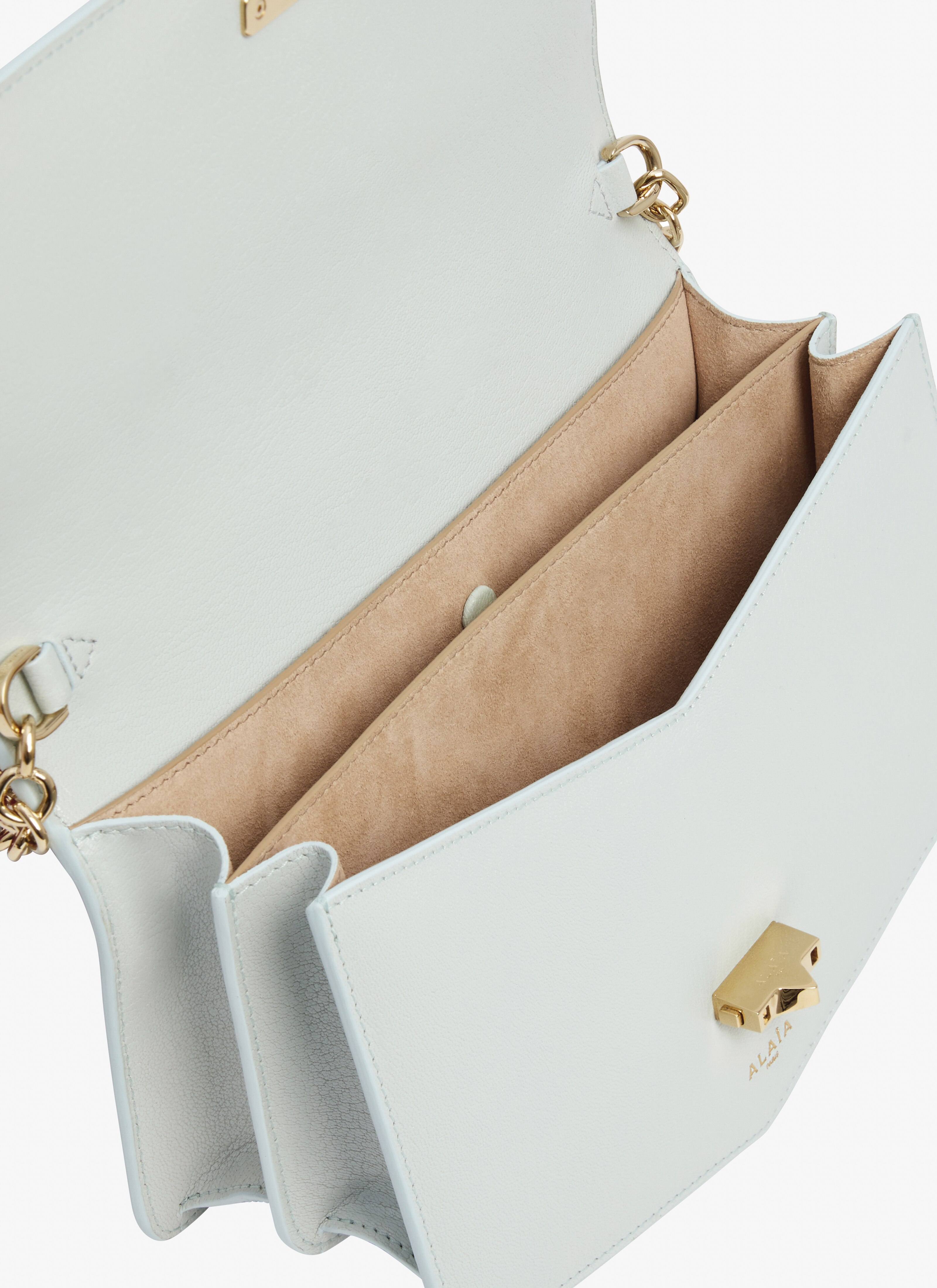 ALAÏA GREEN LE PAPA EAST WEST WITH CHAIN BAG IN SHINY GOATSKIN