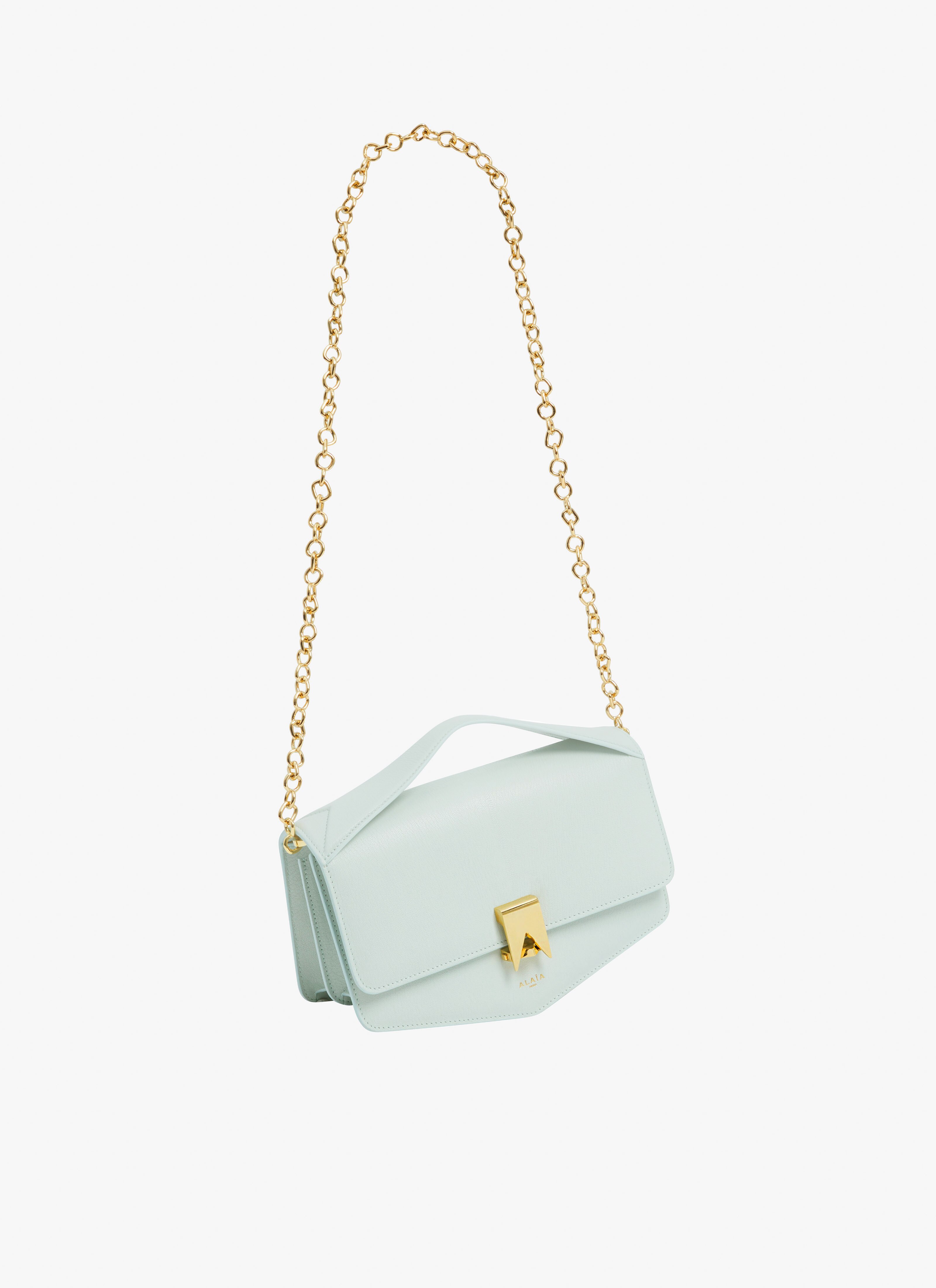 ALAÏA GREEN LE PAPA EAST WEST WITH CHAIN BAG IN SHINY GOATSKIN