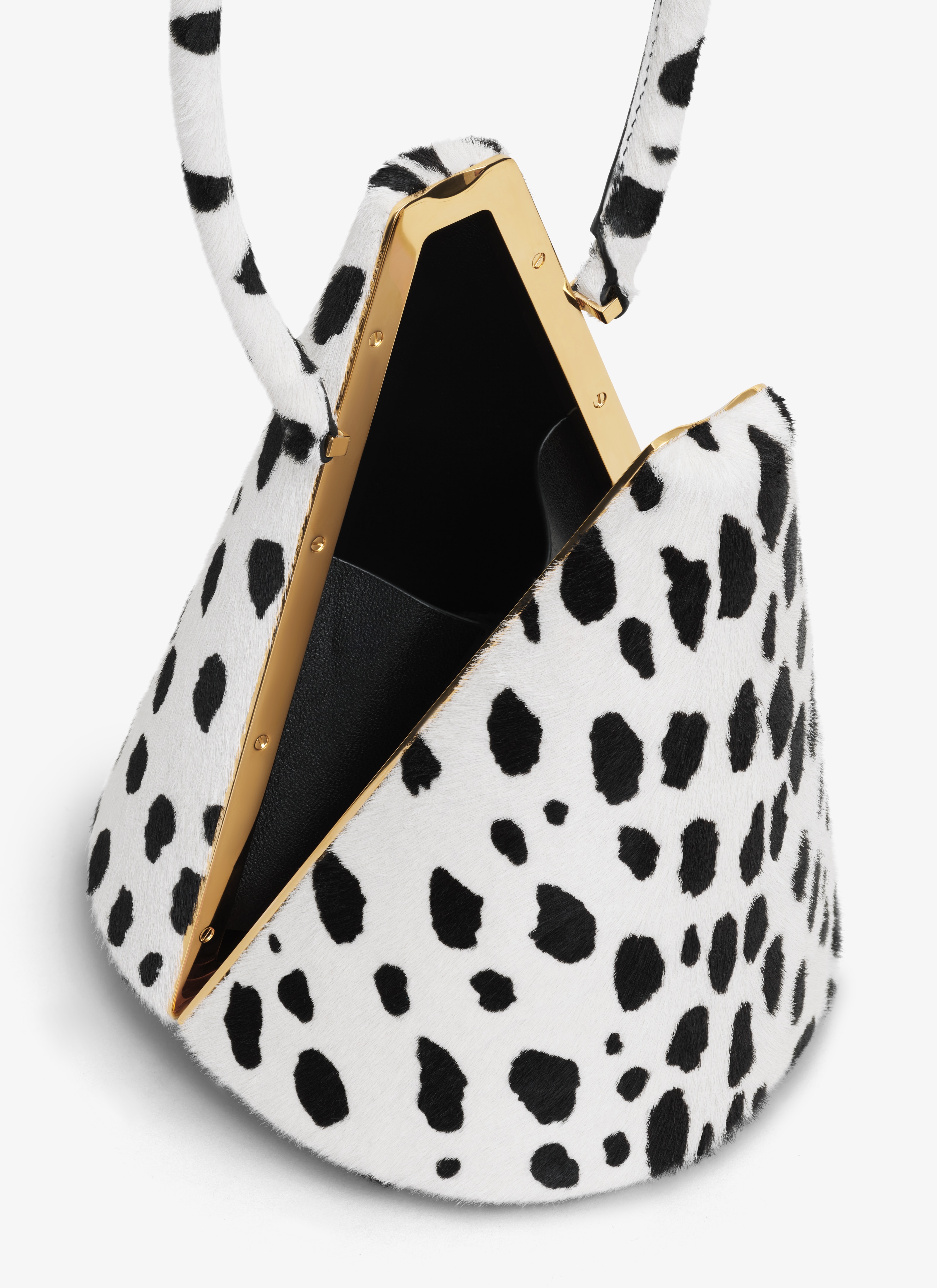 ALAÏA WHITE/BLACK CONE MINAUDIERE IN PONY DOTS HAIRCALF