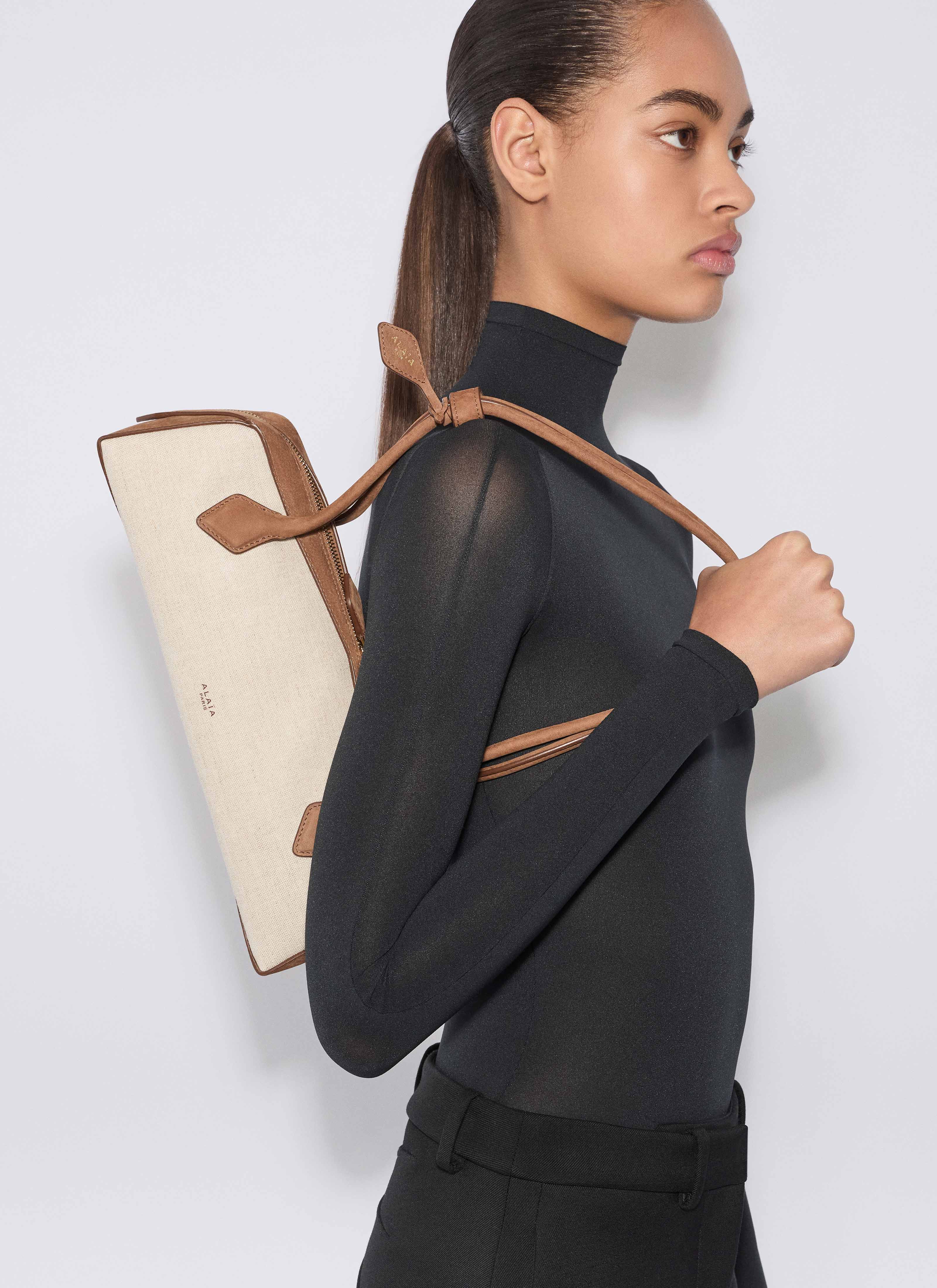 ALAÏA BORSA LE TECKEL MEDIA IN TELA E NABUK TERRA D'OMBRA