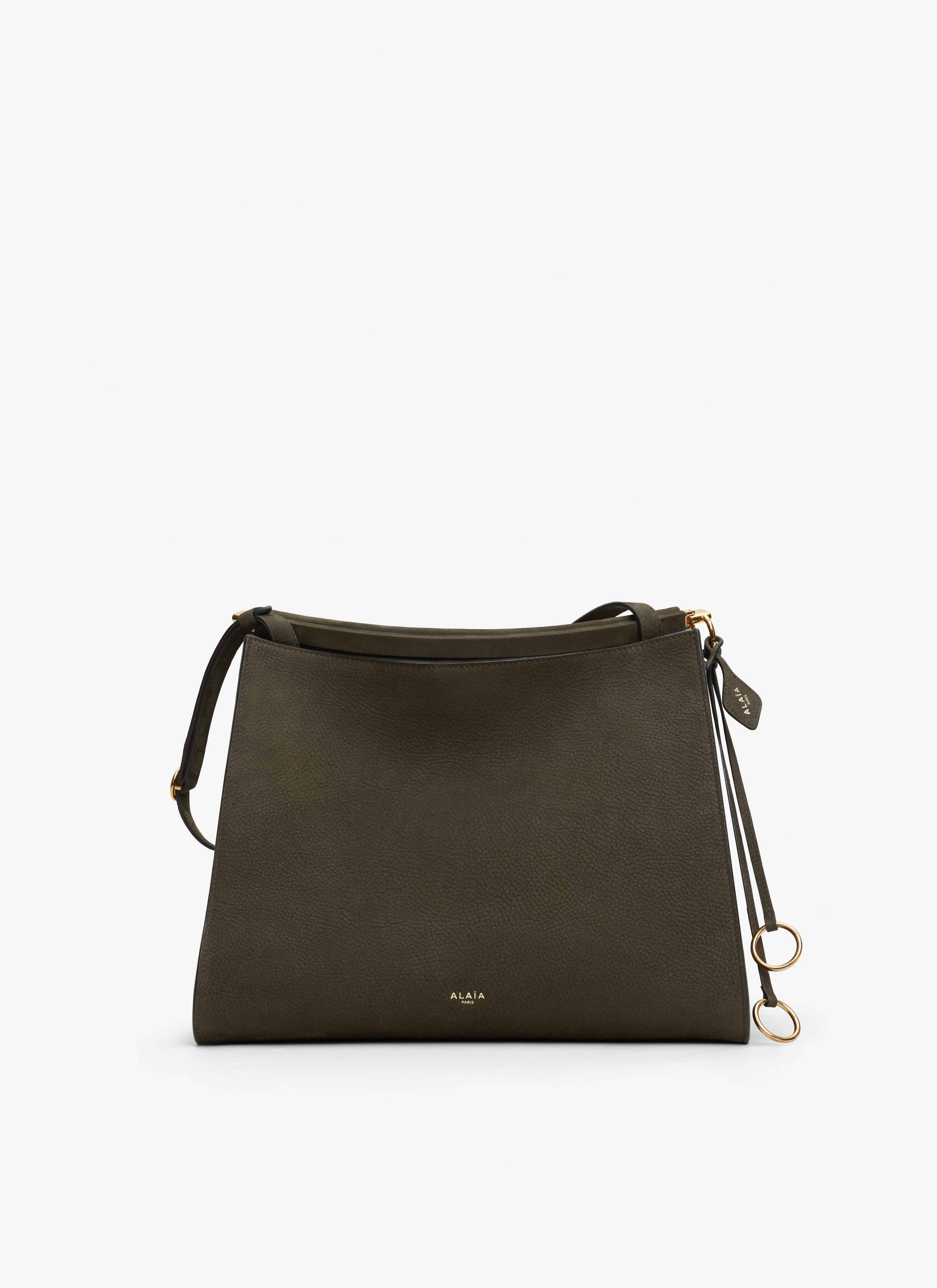 ALAÏA KHAKI LE CLICK MEDIUM SQUARE BAG IN NUBUCK