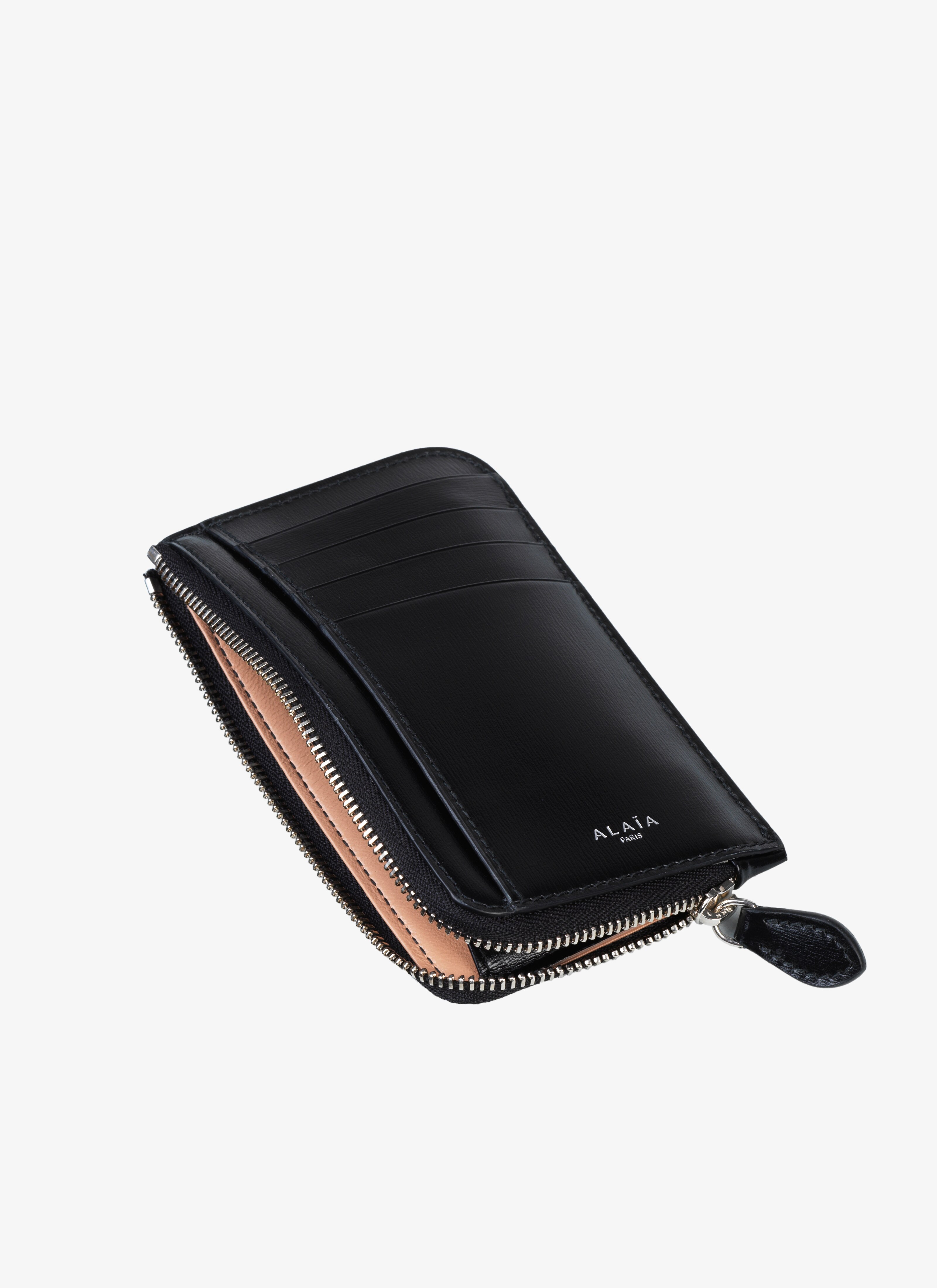 ALAÏA BLACK/SAND ZIPPED OPENWORK LEATHER CARDHOLDER